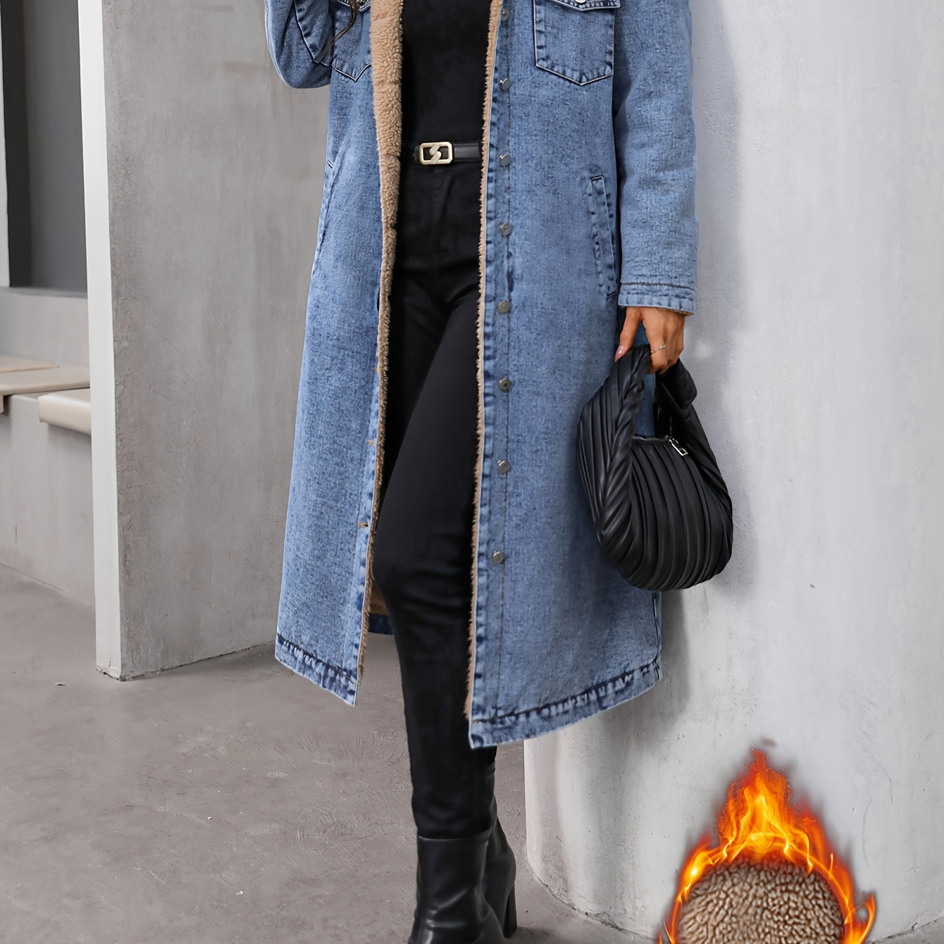 

Plush Lined Plain Washed Blue Thickened Long Sleeve Elegant Denim Coat, Women's Denim Jeans & Clothing