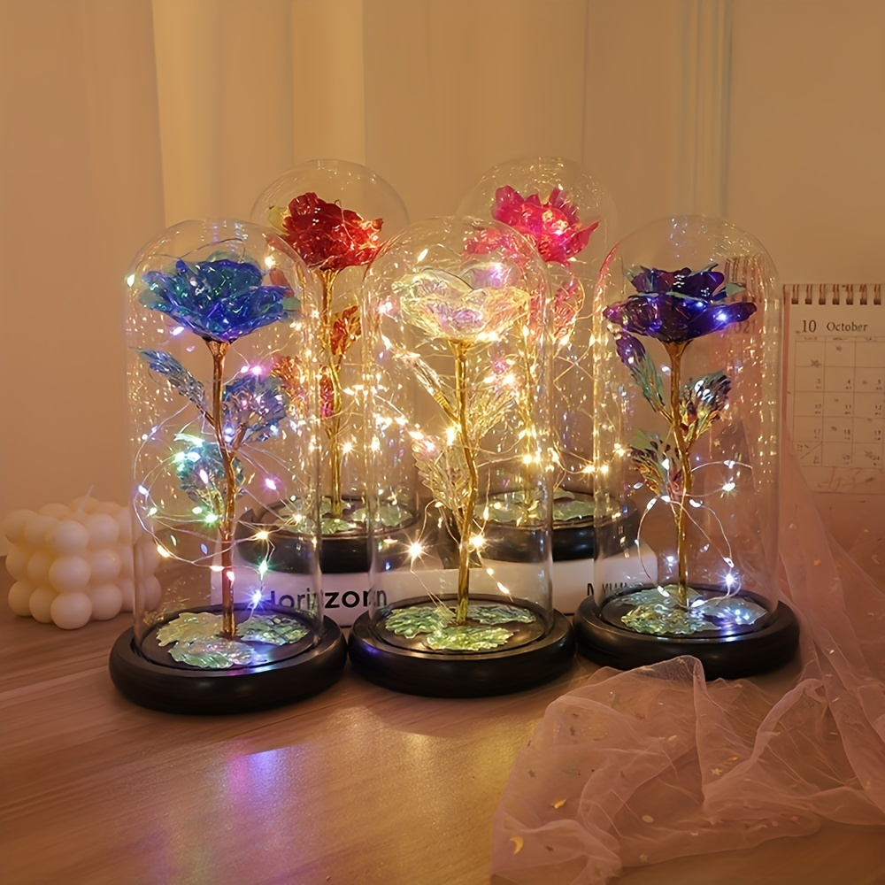 

1pc Roses Gifts Artificial Flower Rainbow Rose Light Up In A Dome Gift For Mom Sister Wife Women Birthday Valentines Mother's Day Christmas Engagement