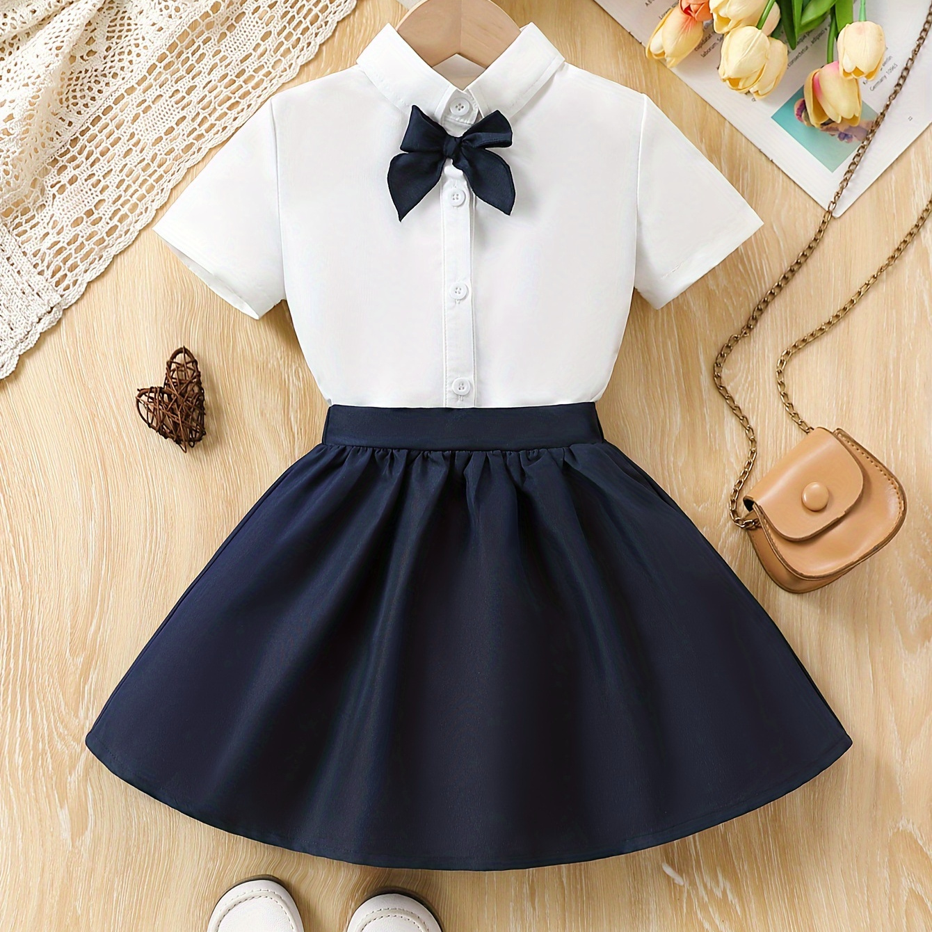 

2pcs Girl's Preppy Style Summer Outfit, Short Sleeve Shirt & Solid Color Skirt, Girl's Clothes