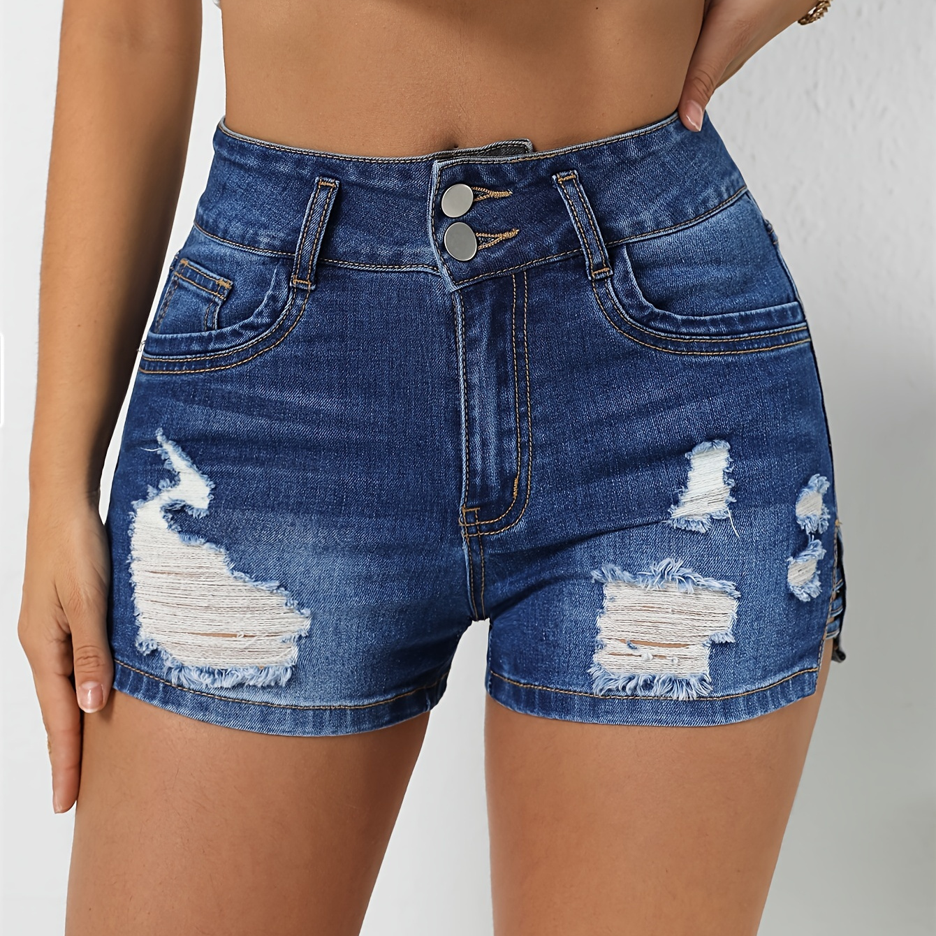 

Women's Distressed Blue Washed Denim Shorts, Casual Double Buttons Ripped Jean Hotpants With Pockets For Summer