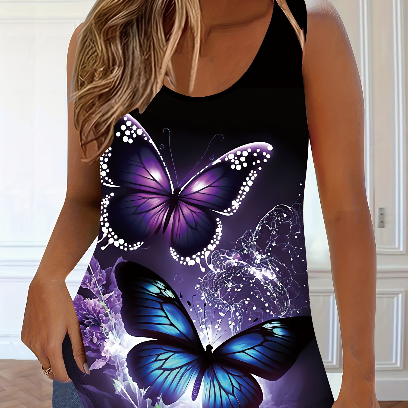

Plus Size Butterfly Print Tank Top, Casual Crew Neck Sleeveless Tank Top For Summer, Women's Plus Size Clothing
