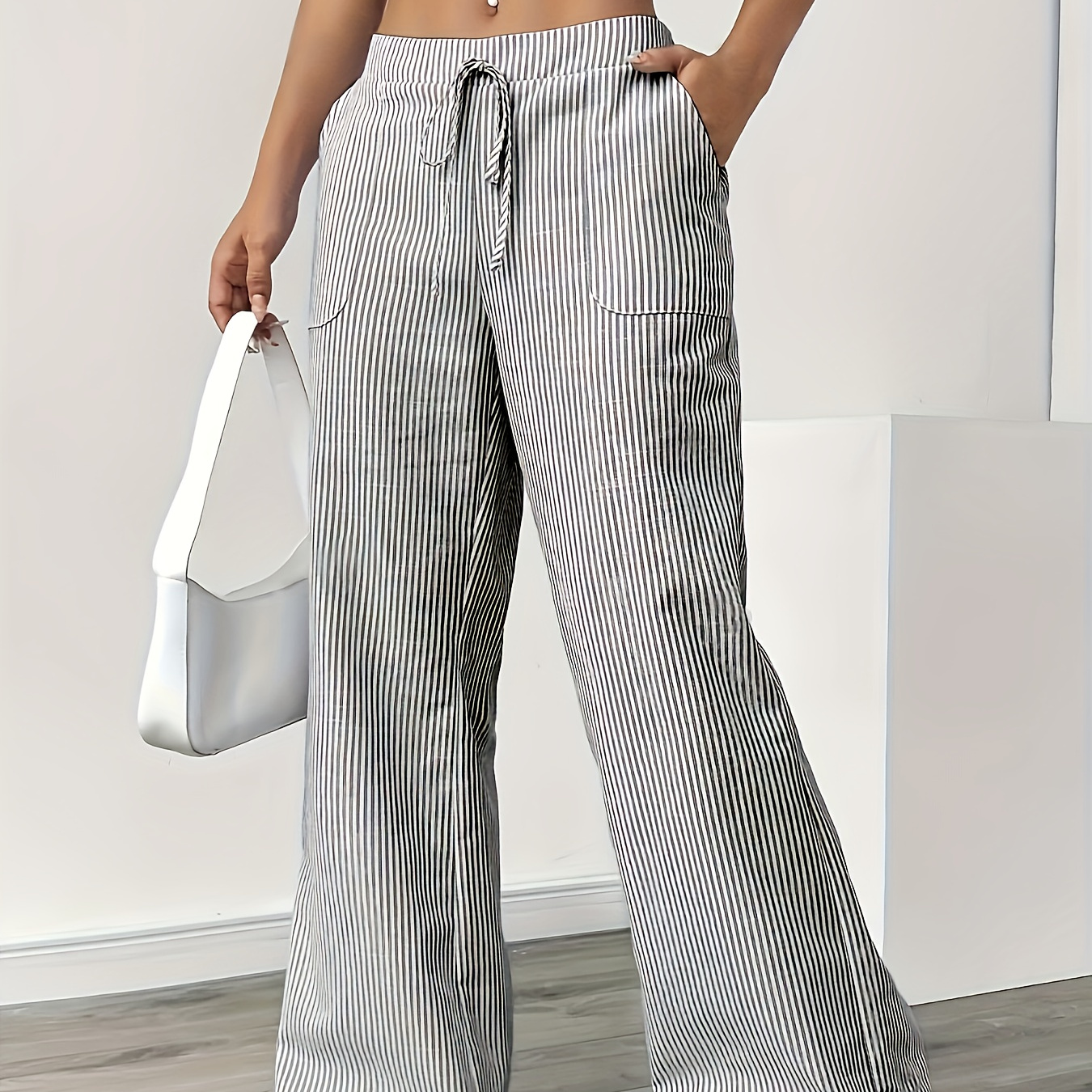 

Women's Casual Striped Wide Leg Pants With Drawstring Waist And Pockets, Polyester 95%, Spandex 5%, Woven Fabric For Fall/winter