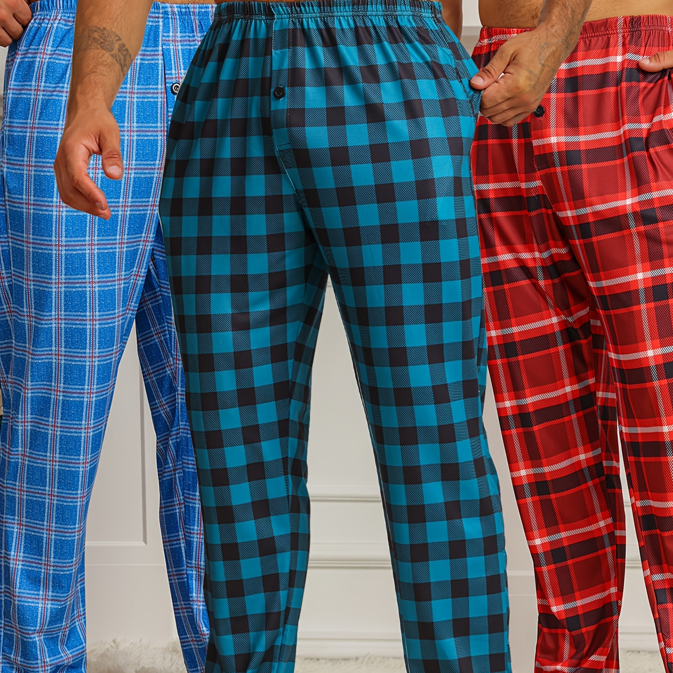 

3pcs Men's Casual Sleep Bottoms, Polyester Knit Fabric With Slight Stretch, Fit, With Button Fly And Pockets, For Lounge Pants