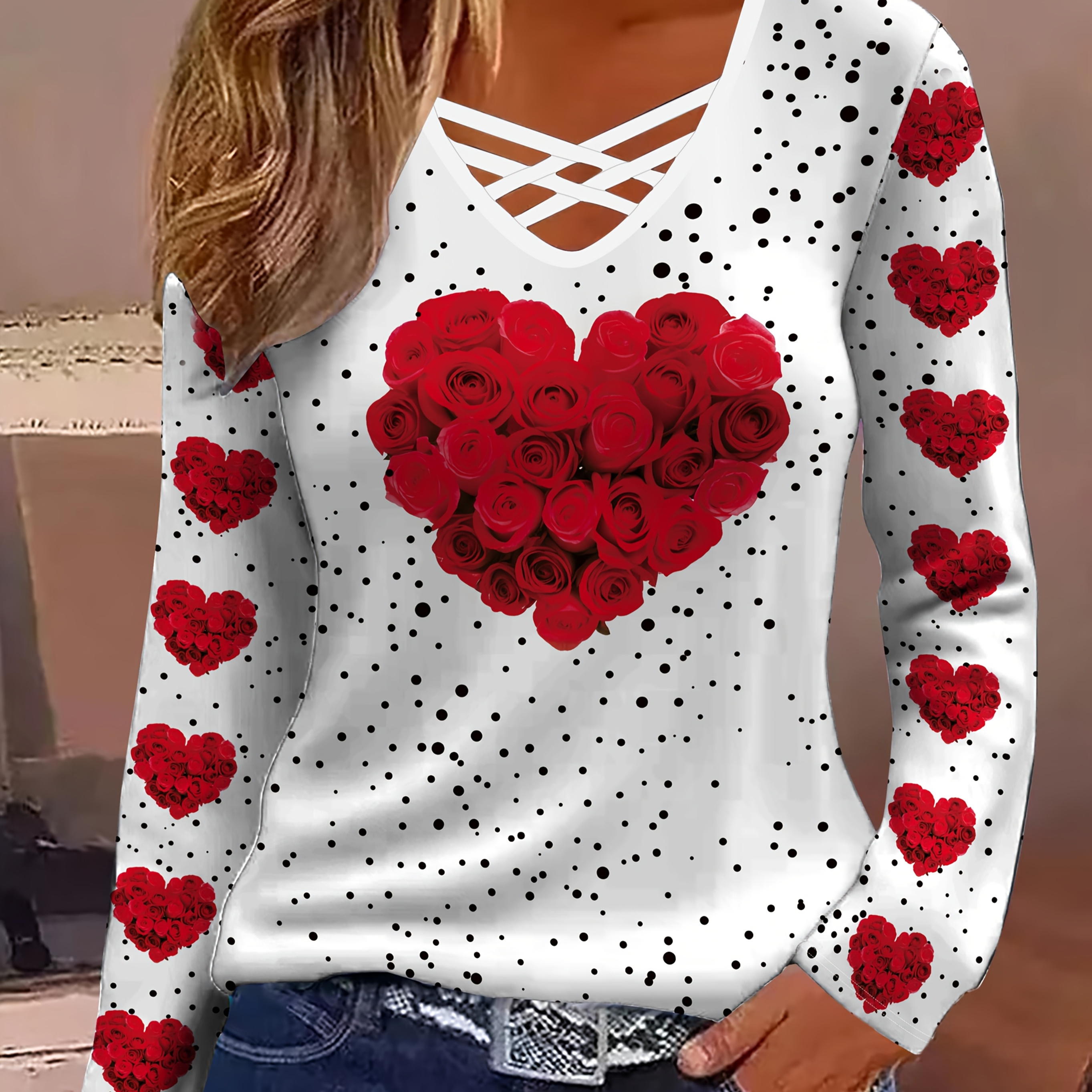 

Stylish V-neck Printed Long Sleeve Women's T-shirt With Elegant Targeted Design And Love Rose Flower Print