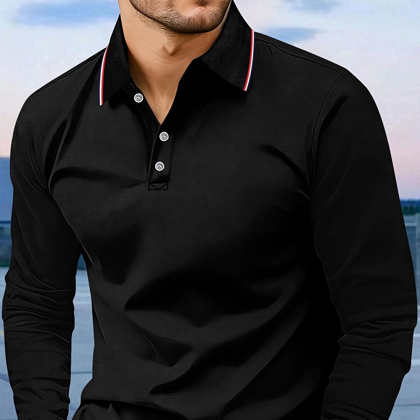 

Men's Casual Fashion Polo Shirt, Fabric, Long Sleeve Turn- Collar, Solid Color, Regular Fit, Knit Fabric, 100% Polyester, Button , Fall Season - 180g/m²