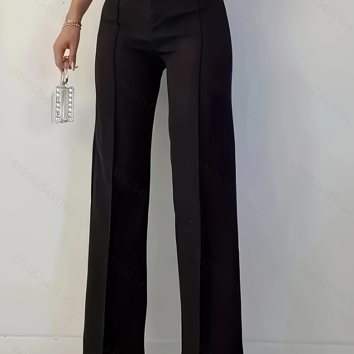 

Pantalon élégant taille haute et jambes larges pour femme - % polyester, couleur unie, tissu tissé, pantalon pour toutes les