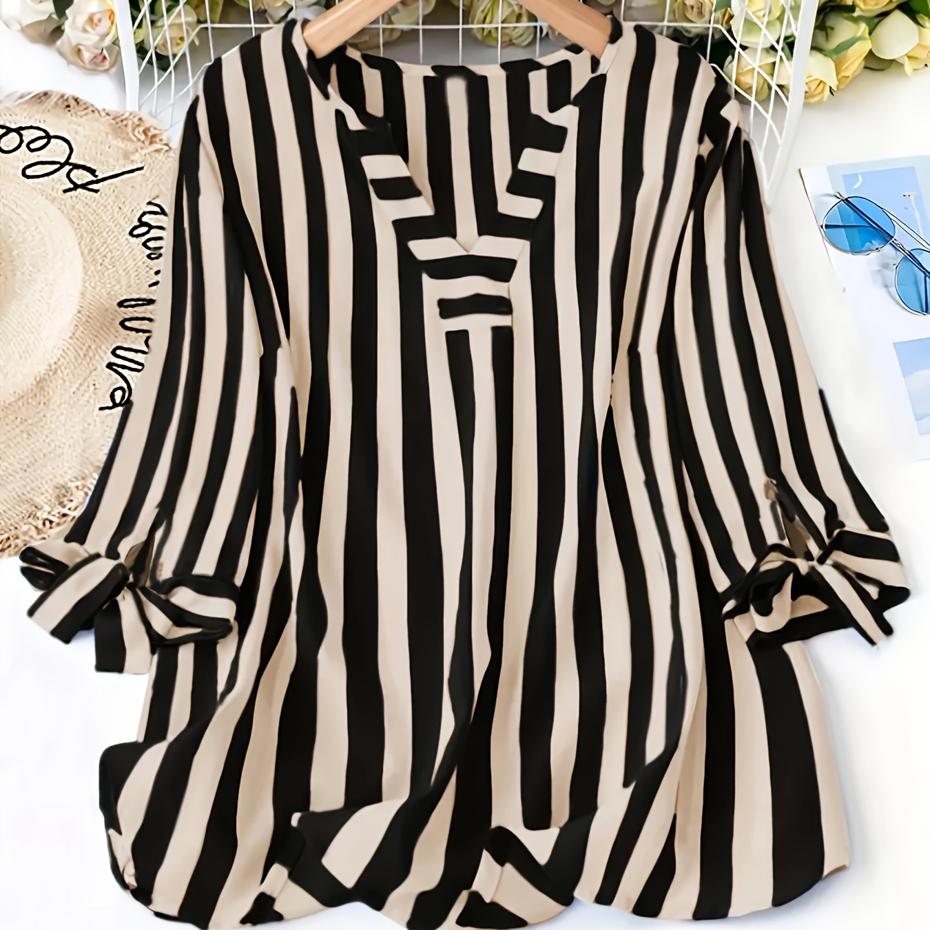 

1pc Plus Size Women's Loose Striped Shirt, V-neck With Knotted Detail, 3/4 Sleeve, Polyester Woven Fabric With Stretch, Spring/ Style Pullover Blouse