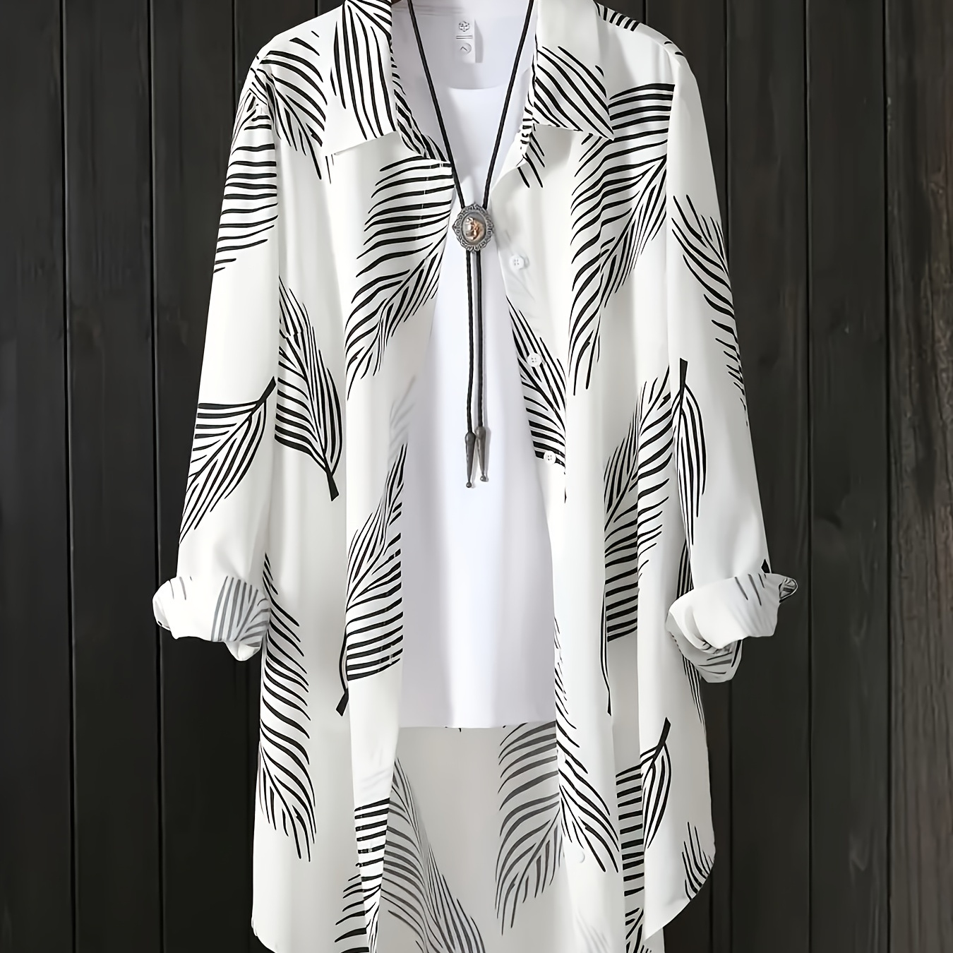 

Women's Plus Size Elegant Leaf Print Button-up Shirt With Asymmetrical Hem - Long Sleeve, White Polyester Blend, Evening , Asymmetrical Fashion | Elegant Leaf Pattern | Glossy Texture