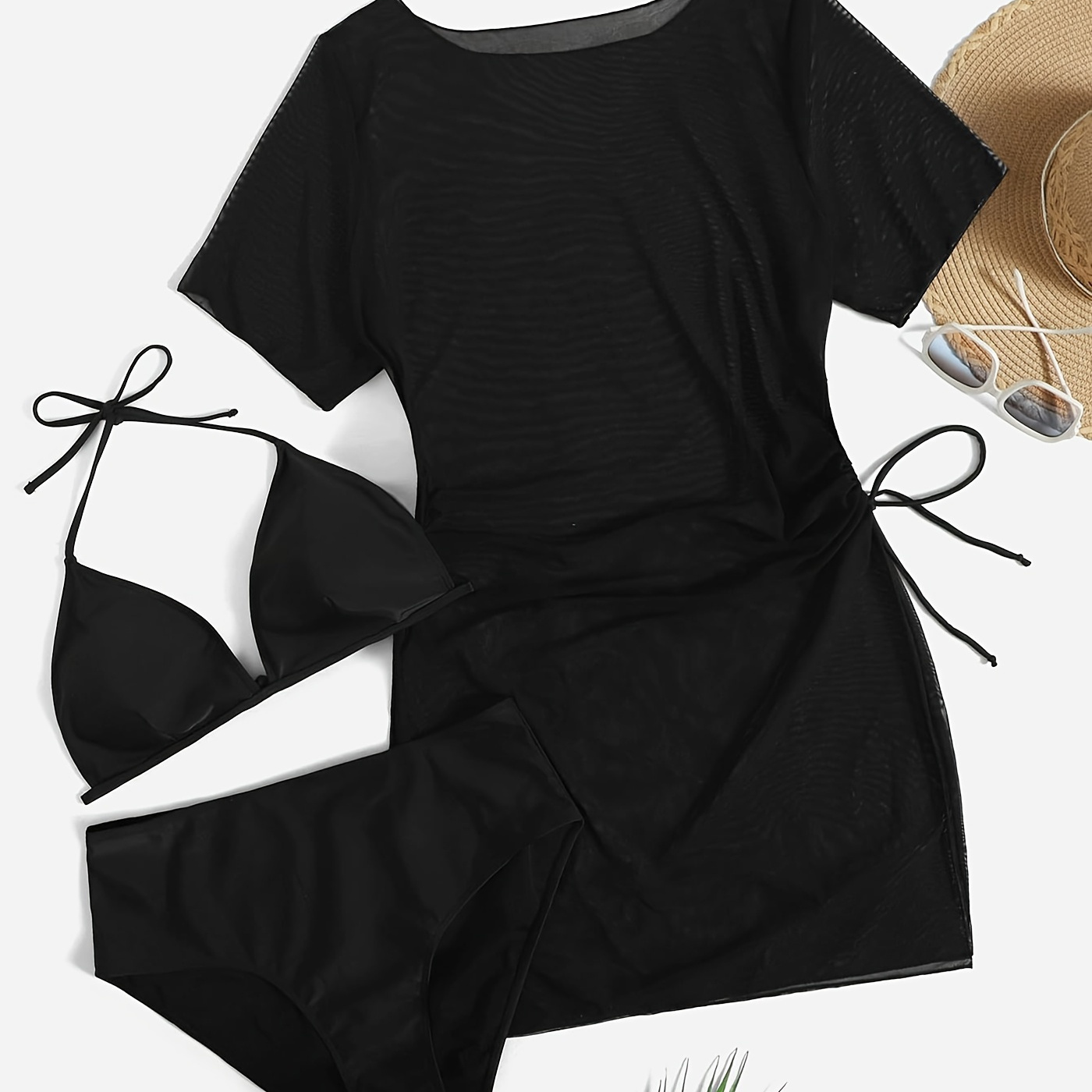 

Plain Black Stretchy 3 Piece Set Swimsuits, Triangle Halter Bikini & Drawstring Mesh Short Sleeve Cover Up Dress, Women's Swimwear & Clothing