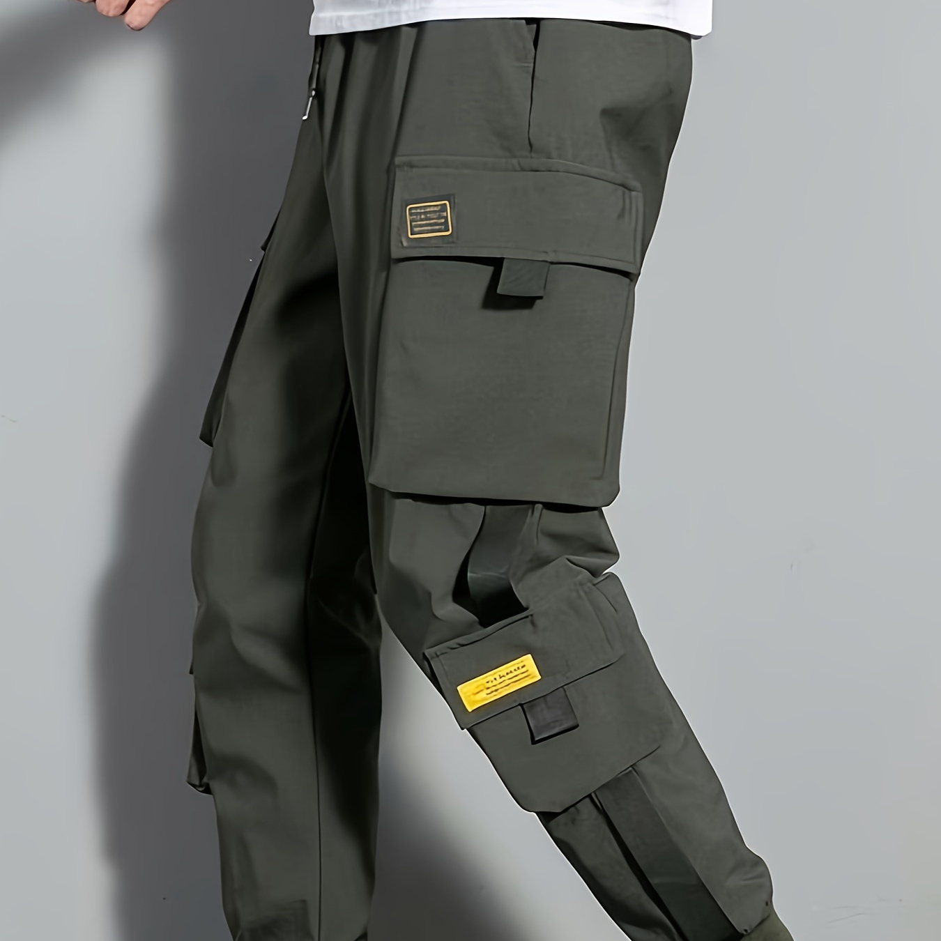 

Men's Casual Cargo Pants, Polyester Non-stretch Solid Color Cropped Trousers, , With Drawstring Waist, Multiple Pockets, Cuffs, For Weekend Casual Woven Pants