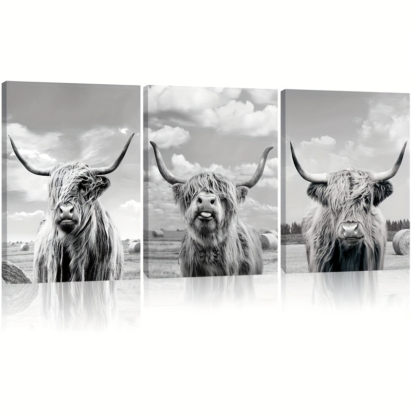 Set Of 3 Grey Highland Cow Wall Art Rustic Wall Art For Farmhouse ...