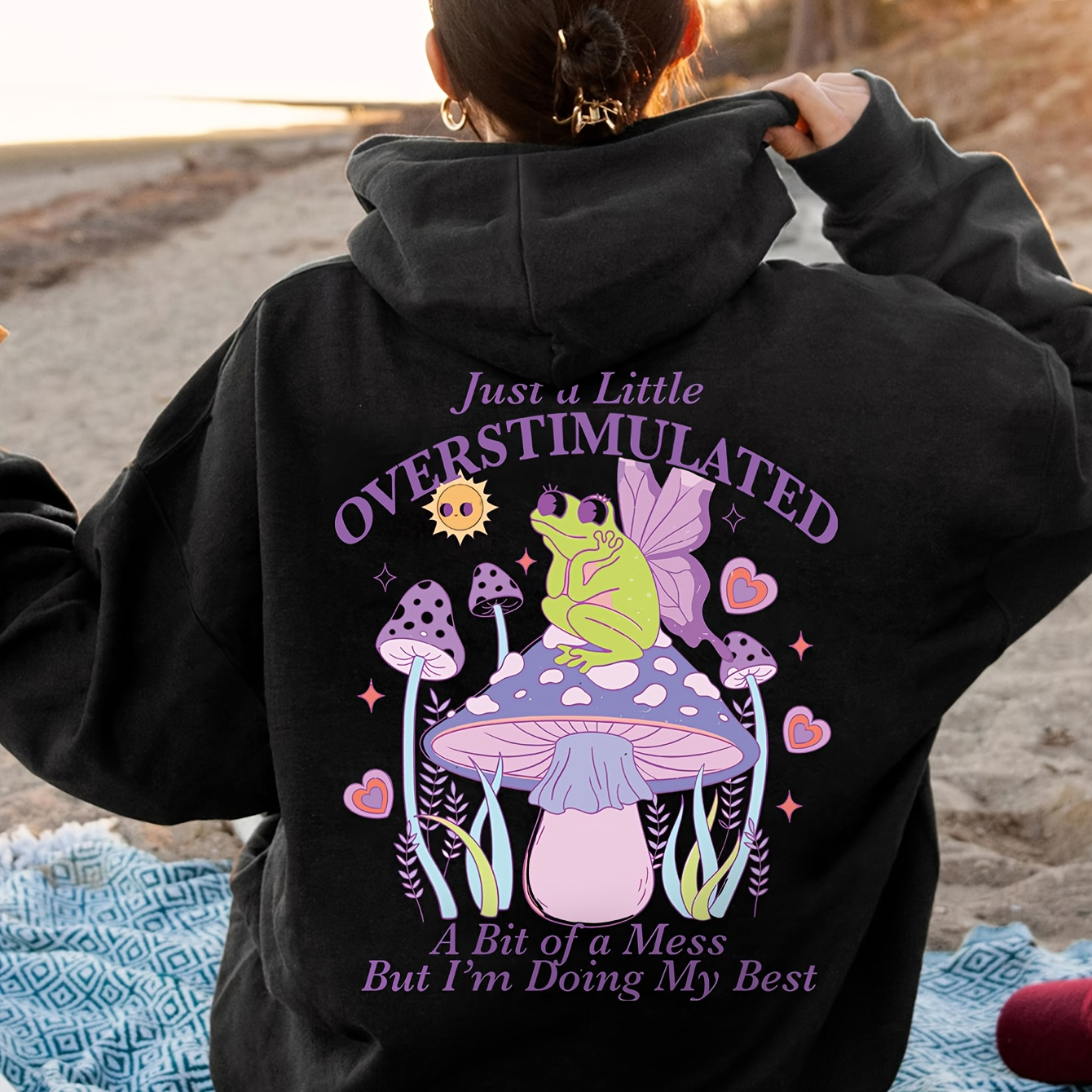 

Women's Oversized Casual Hoodie With Mushroom Graphic - "just A Little Overstimulated" Print, Black Polyester Pullover, Machine Washable, Essential Hoodie