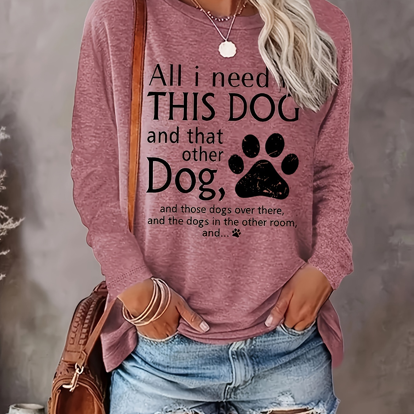 

Paw & Letter Print Crew Neck T-shirt, Casual Long Sleeve Top For Spring & Fall, Women's Clothing