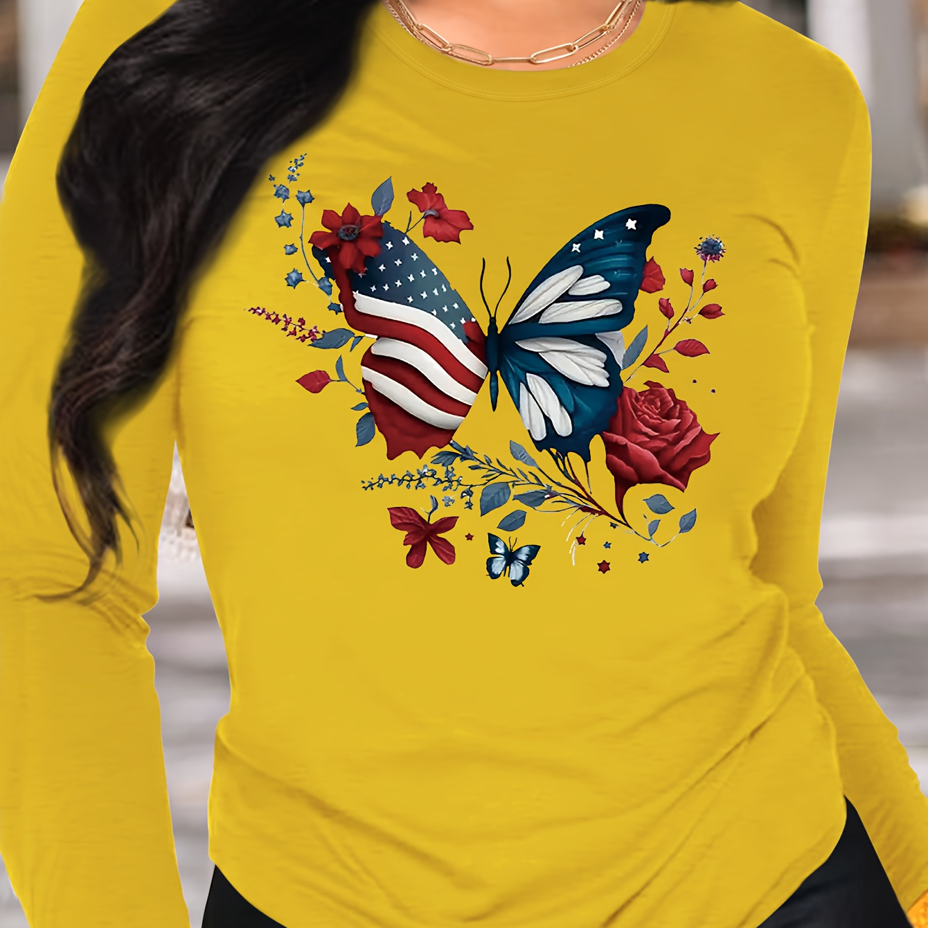 

Butterfly Print T-shirt, Long Sleeve Crew Neck Casual Top For Spring & Fall, Women's Clothing