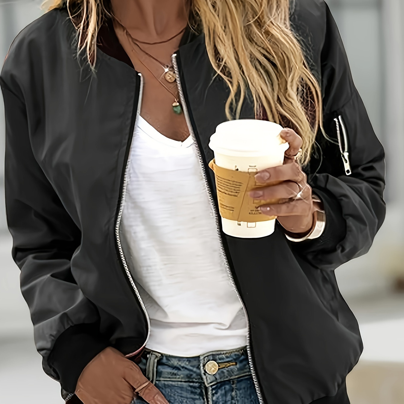 

Ladies Bomber Jacket: Casual Zip-up Lightweight Coat