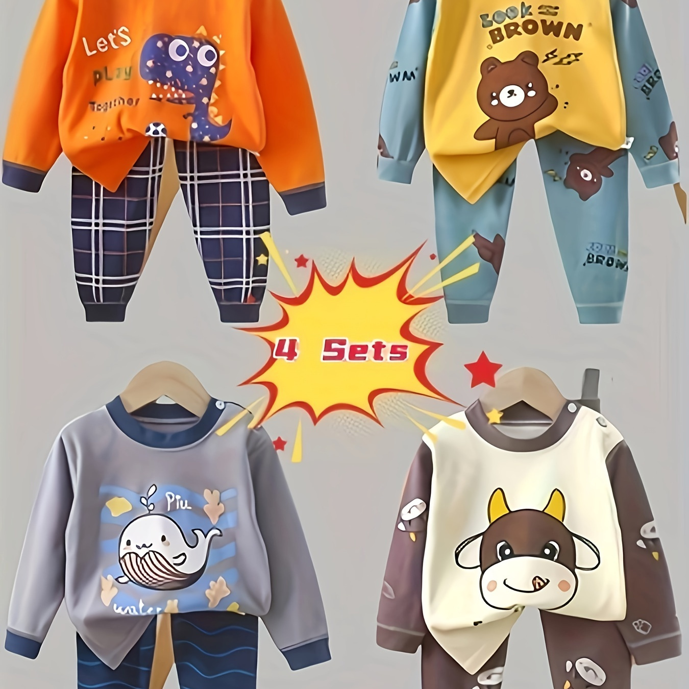 

4 Sets Of 8 Sets Of New Long Sleeve Pants For Children Autumn Series Fashion Cute Bear Calf Dinosaur Print Pattern Printed Cotton Comfortable And Breathable Is For Children And