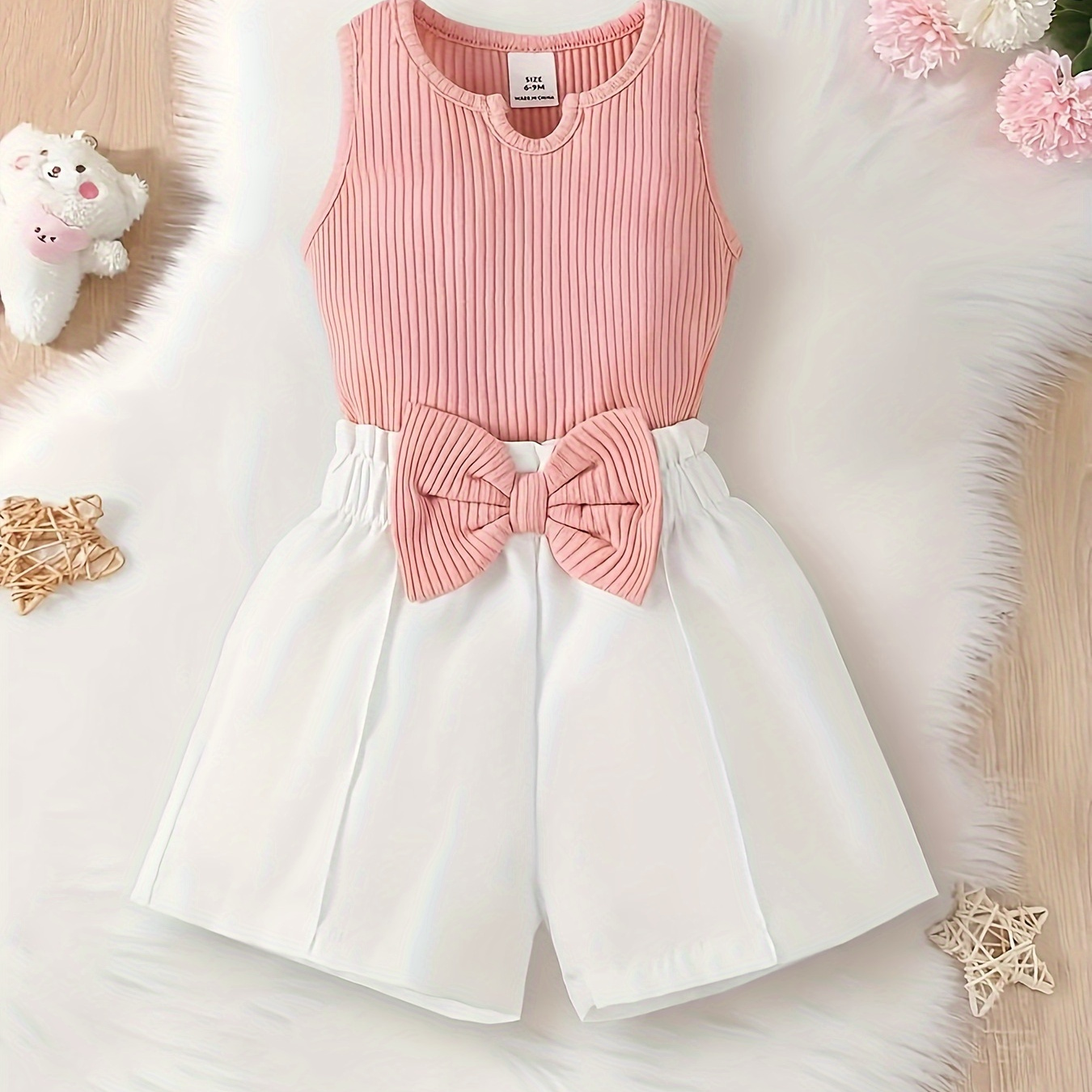 

2pcs Baby Girl's Solid Color Summer Set, Sleeveless Ribbed Knitted Vest & Shorts With Bow Decor Set