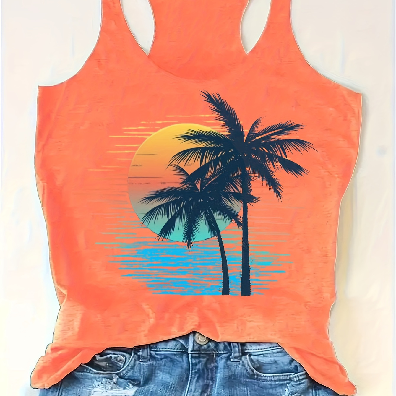 

Coconut Tree Print Tank Top, Casual Sleeveless Tank Top For Summer, Women's Clothing