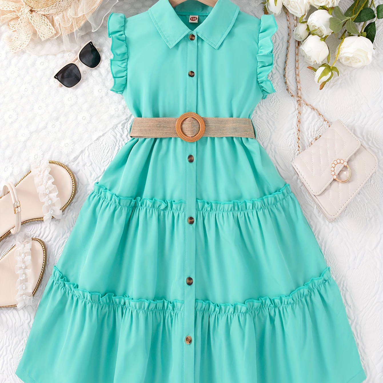 

Girls Elegant Button Up Frill Sleeveless Dress Regular Fit Mid-length Party Vacation Dress With Belt