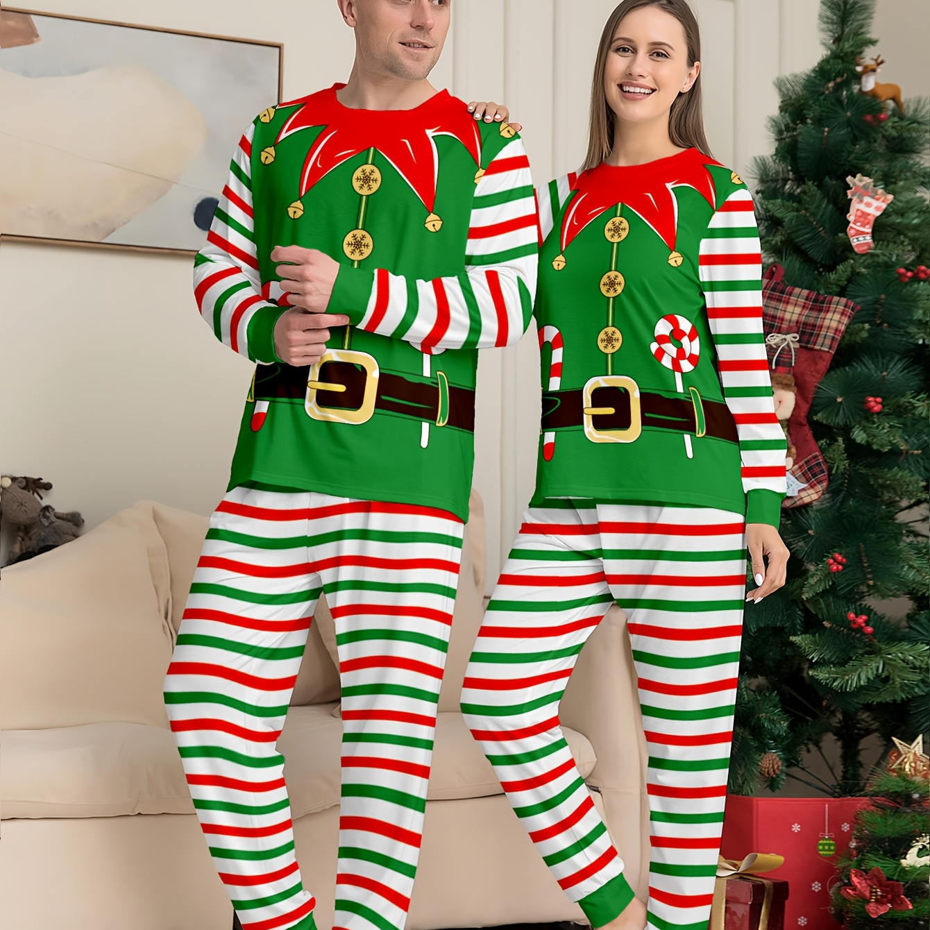 

2 Pcs Men's Christmas Costume Print Round Neck Long Sleeve & Trousers Pajama Set, Comfortable & Skin-friendly Style Pajamas For Men's Cozy Loungewear