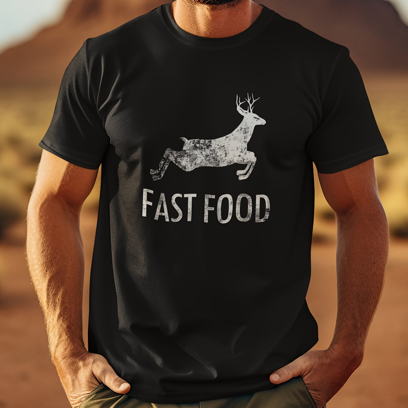 

Funny Joke Hunting Shirt - Men's Front Printed Short Sleeve T-shirt Top - Fast Food Deer - Gifts For Hunters