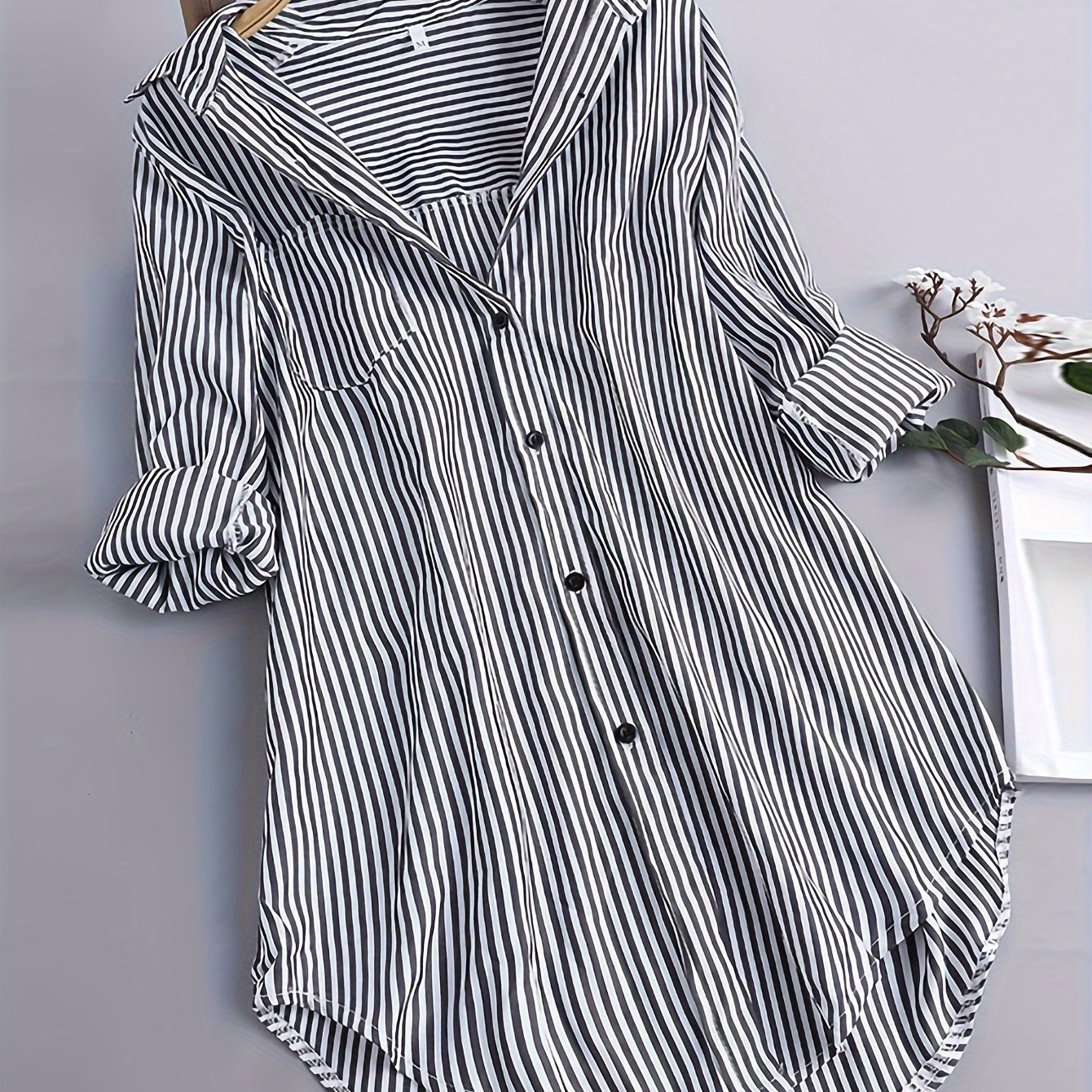 

Women's Casual Striped Long Sleeve Button-up Shirt - Polyester, Machine Washable, Non-stretch Fabric