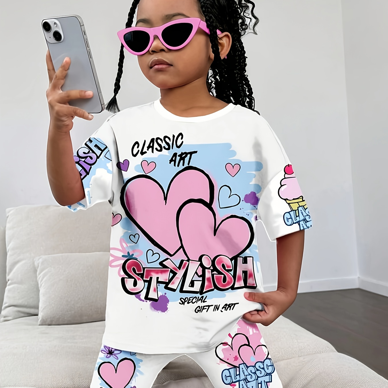 

Girls' Fashion White Outfit Set, Trendy Print Short Sleeve & Shorts Combo, Polyester Knit Fabric With Slight Stretch, Alphabet Pattern, Spring/summer , Gift-ready, For Outdoor