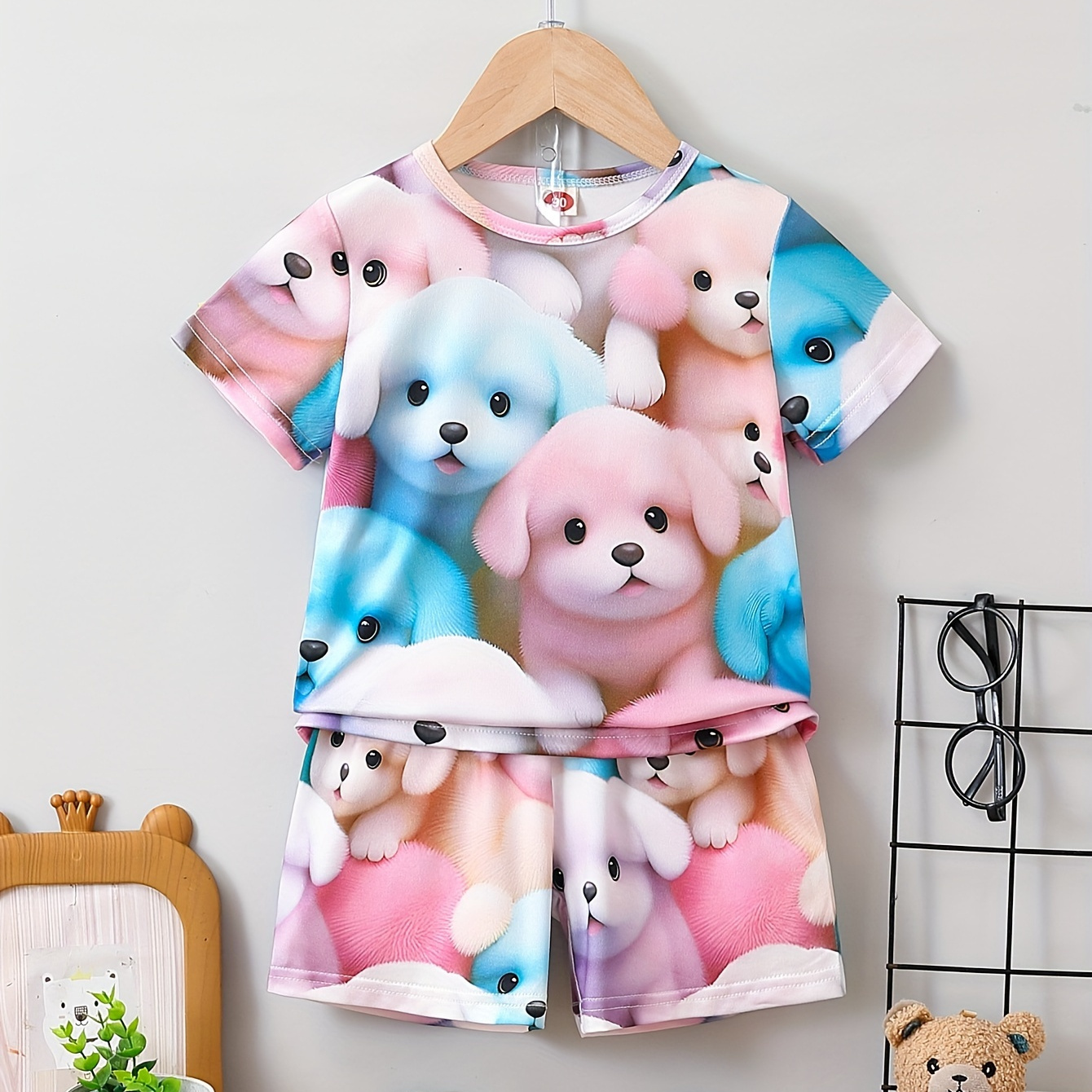 

Girls Summer Cozy Pajama Set – 3d Allover Puppy Print Short Sleeve T-shirt Top & Short Set, Comfy Breathable Pj Set, Children's Easy-care Sleepwear Outfit