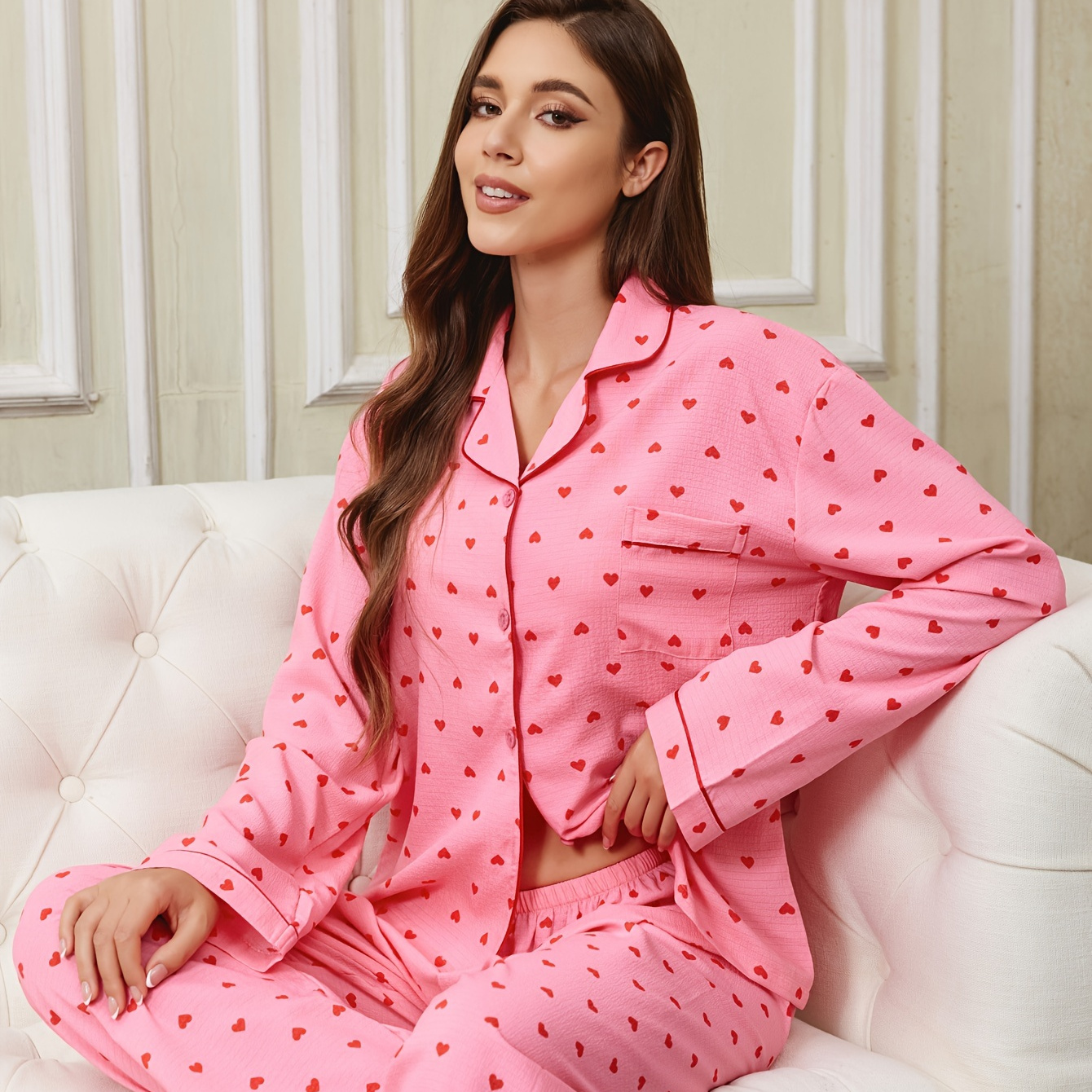 

Ensemble Pyjama 2 Pièces pour Femme avec Imprimé Cœur, Col en V, Boutonnage, Manches Longues et Pantalon, Ensemble Pyjama d'Été, Confortable pour