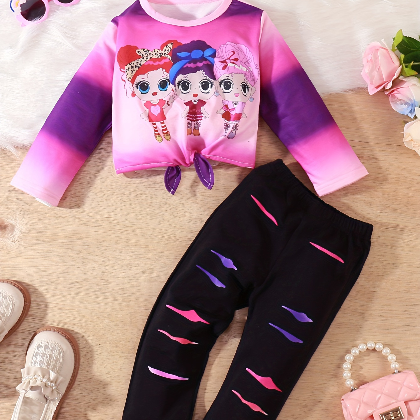 

2pcs Girl's Trendy Outfit, Tie-dye Long Sleeve Top & Pants Set, Anime Girls Print, Toddler Kid's Clothes For Spring Fall