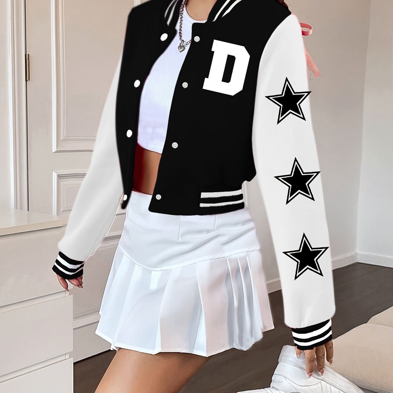 

Girl's Fashionable Outdoor Cropped Jacket With Letter D And Stars Graphic Print, Comfy Casual Two-tone Color Block Outerwear For Daily And Outdoor, Fall And Winter