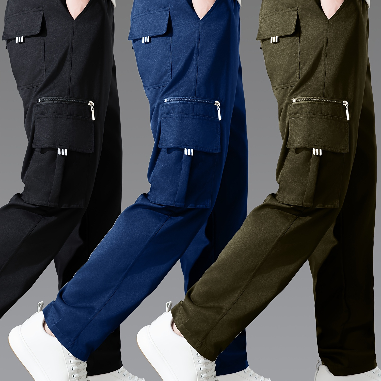 

3pcs Men's Casual Solid Color Cargo Pants, Polyester Non-stretch Woven Fabric, Multiple Pockets, Regular Fit, Spring/fall Season, Hiking & Outdoor Scene, Weekend Casual ,