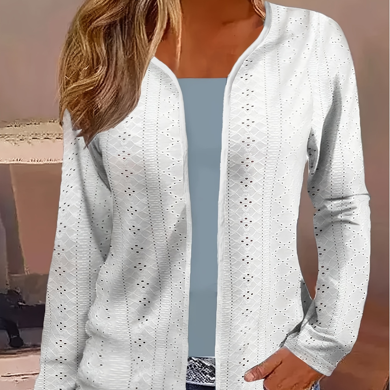 Plus Size Casual Cardigan, Women's Plus Solid Eyelet Embroidered Long Sleeve Open Front Slight Stretch Cardigan