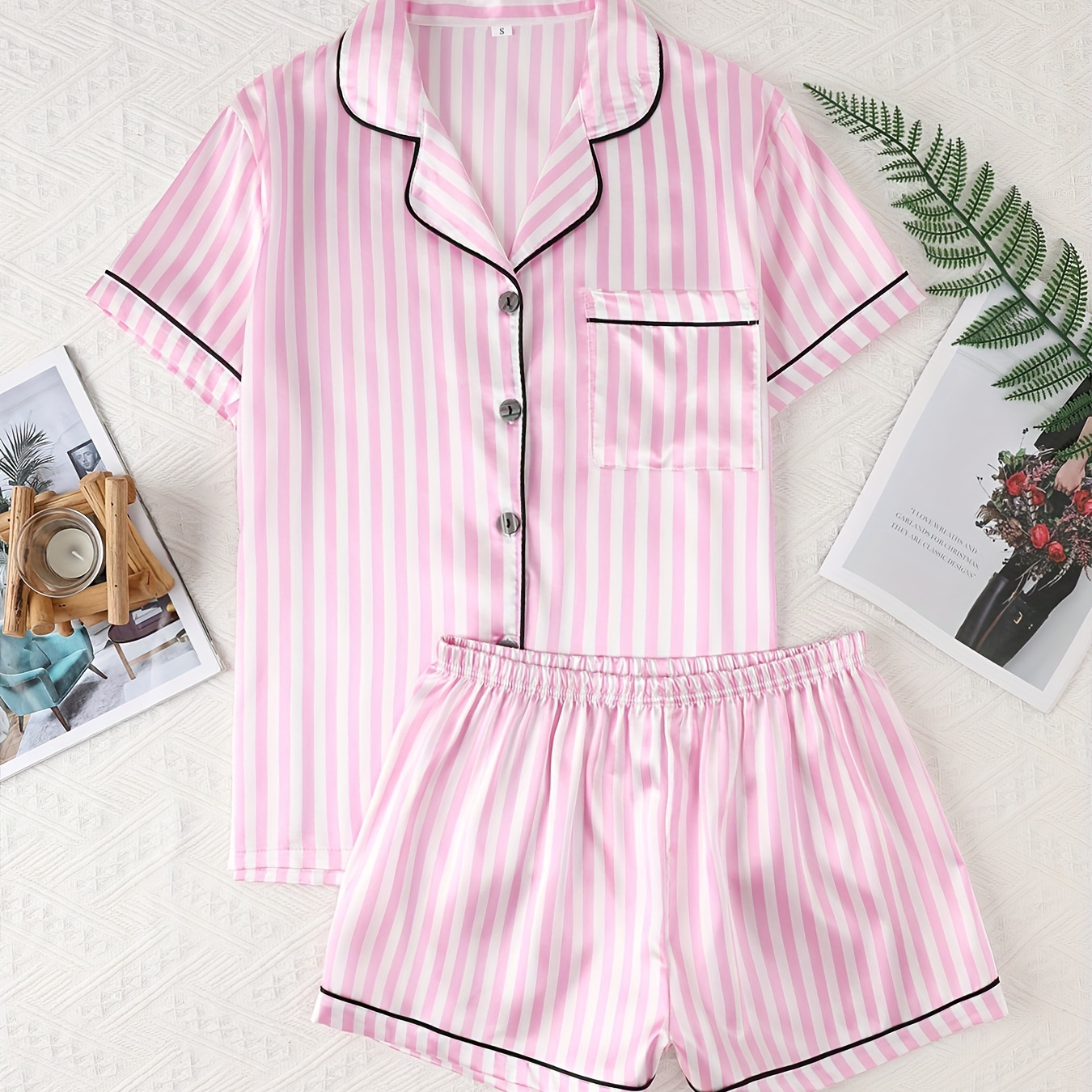 

Women's Elegant Pink Satin Striped Pajama Set - Short Sleeve Button- With Pocket & Matching Waist Shorts, Machine Washable Sleepwear