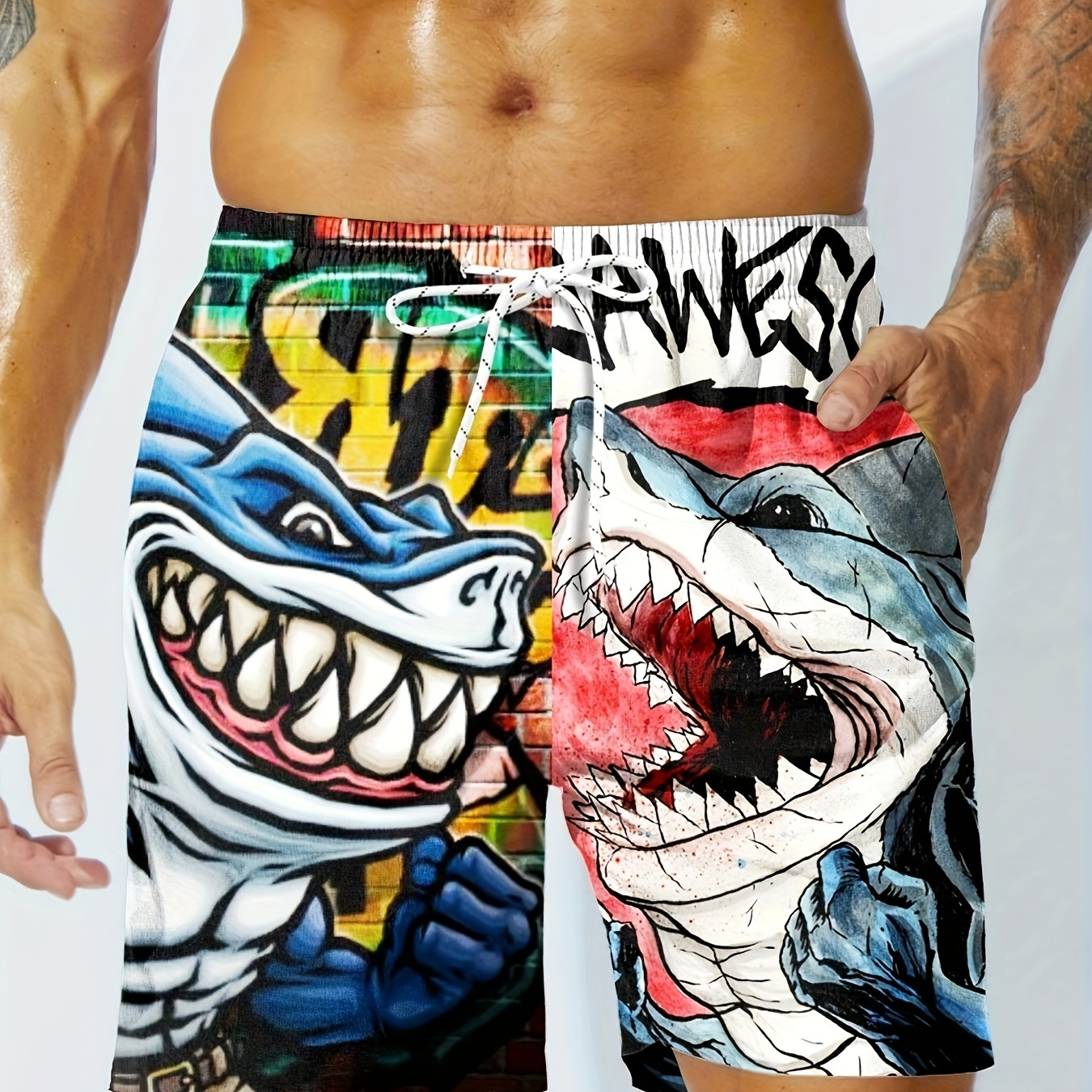 

Cartoon Style Shark Pattern Men's Board Shorts With Drawstring And Pockets, Stylish And Cool Shorts For Summer Beach Party And Holiday Wear