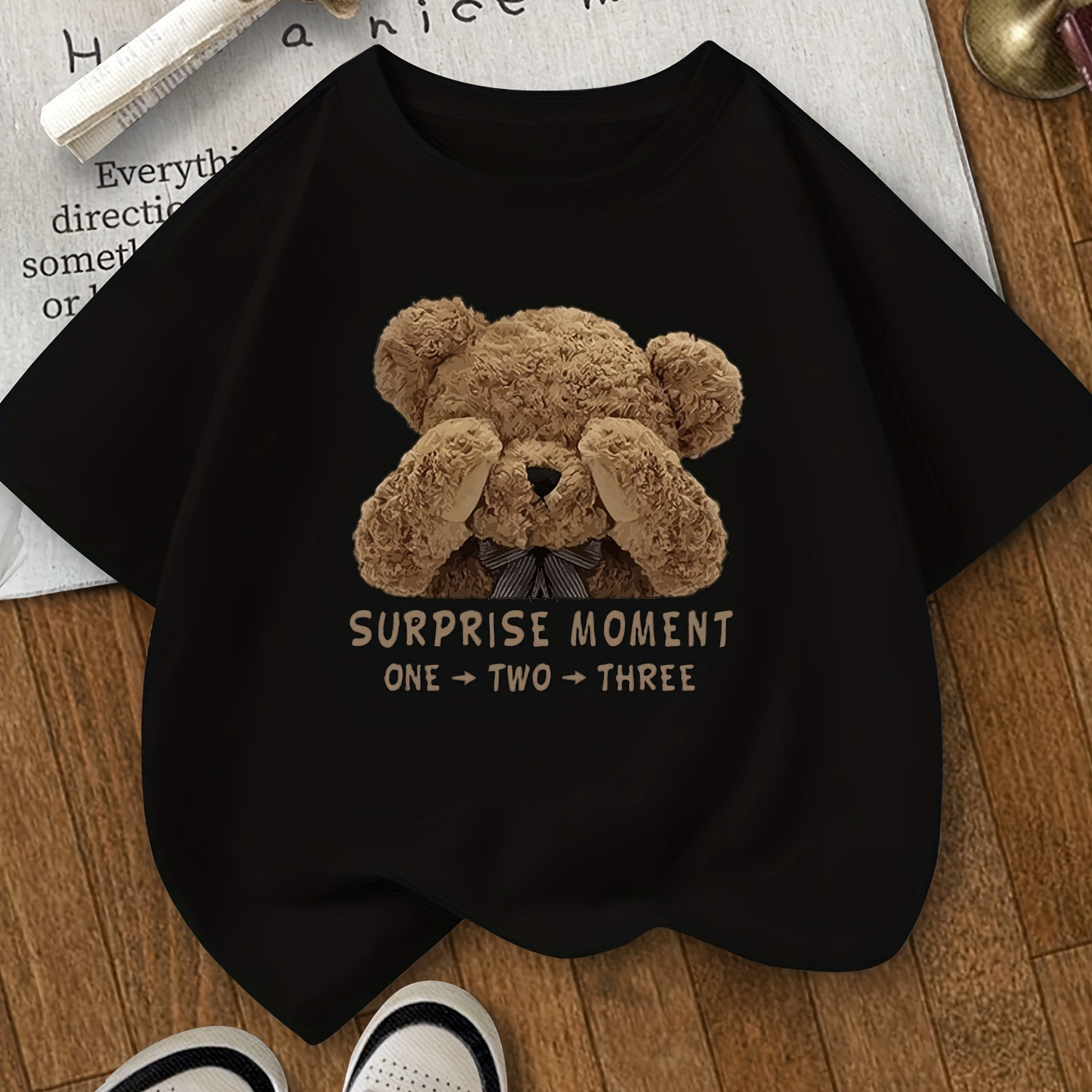 

Casual Crew Neck Teddy Bear Print T-shirt For Kids, Polyester Knit Top, Short Sleeve Cartoon Pattern Tee With Slight Stretch, Summer Season Youth Apparel Ages 8-14