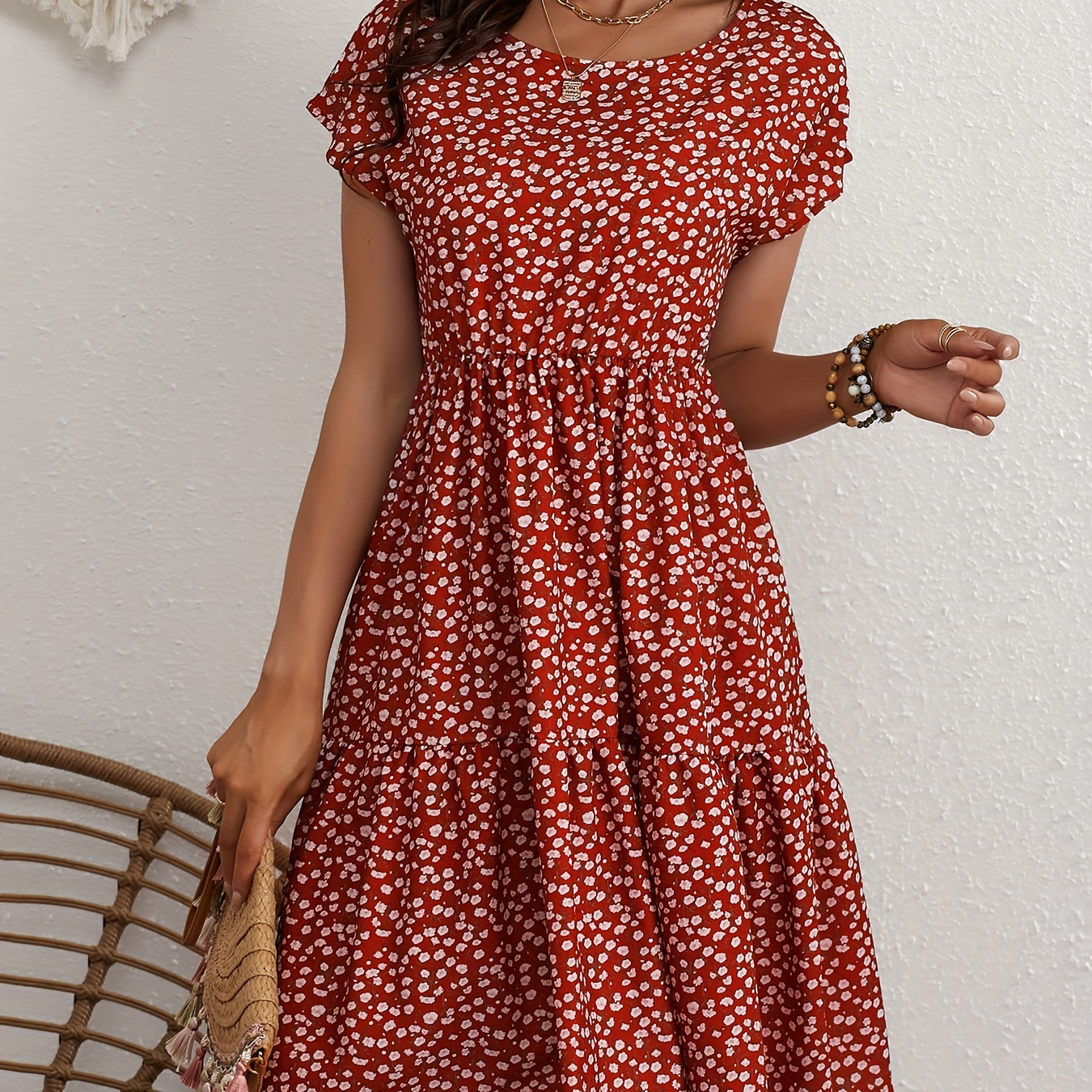 

Floral Print Crew Neck Dress, Elegant Short Sleeve Dress For Spring & Summer, Women's Clothing