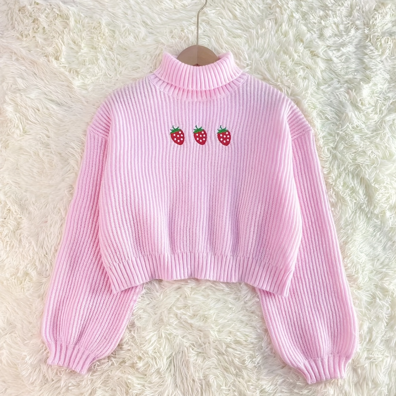 

Strawberry Embroidered Knit Sweater, Cute Turtleneck Long Sleeve Sweater, Women's Clothing