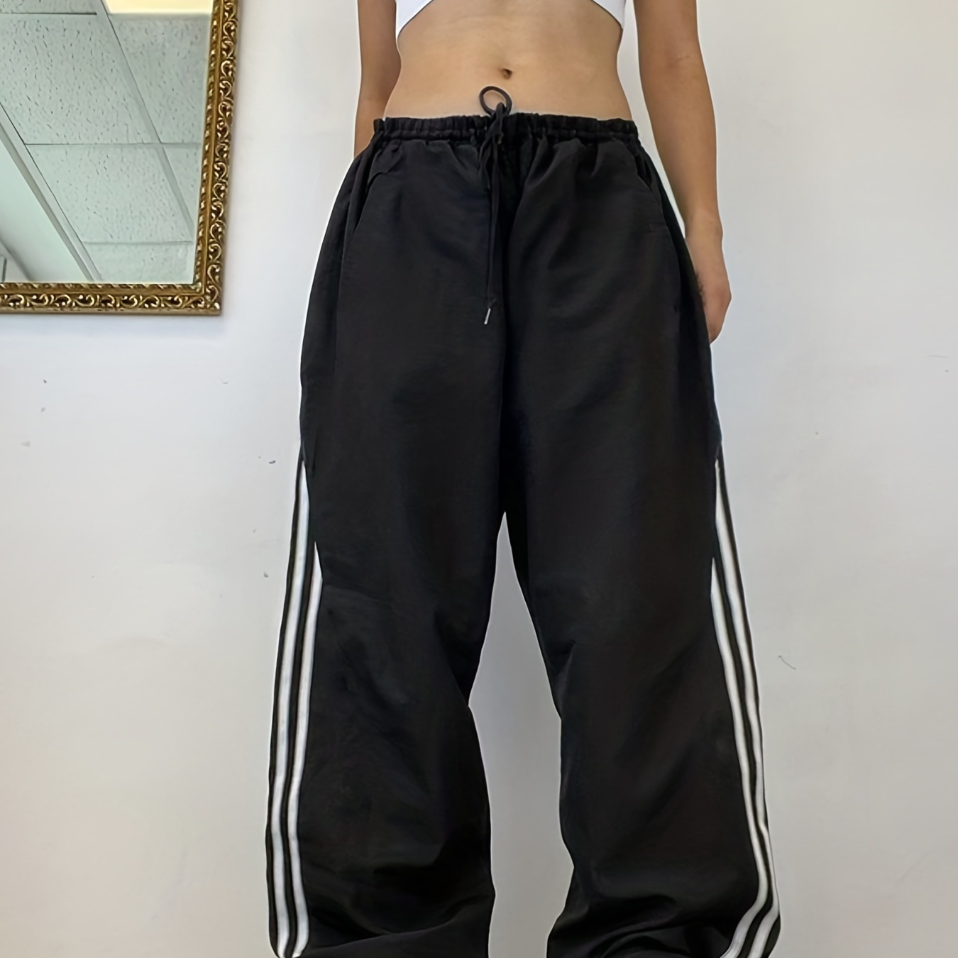Track Pants Women Baggy Pants Drawstring Waist Striped Wide