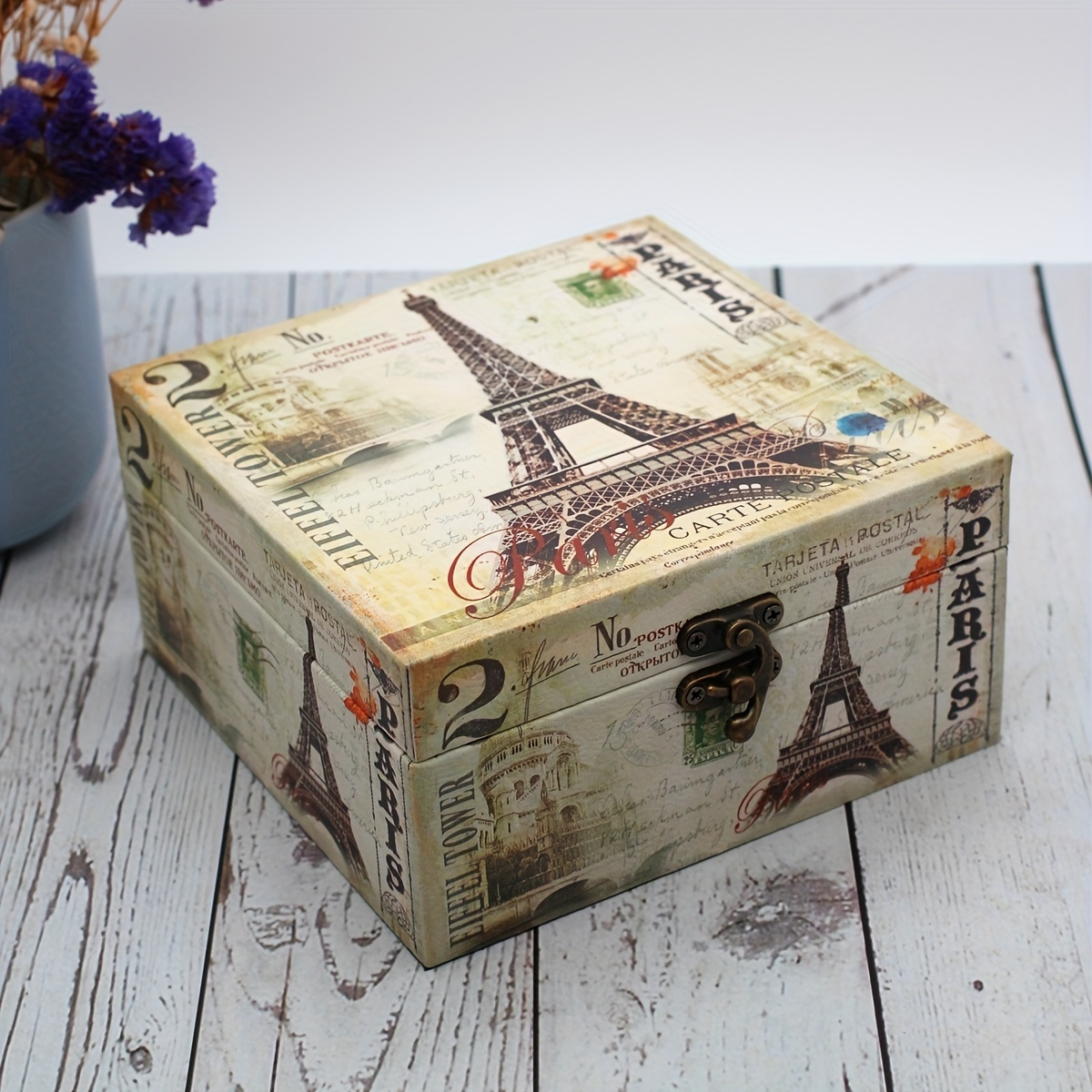 

1pc Motif Tour Eiffel Boîte de rangement en bois PU, boîte de souvenirs vintage, boîte à bijoux en bois avec serrure