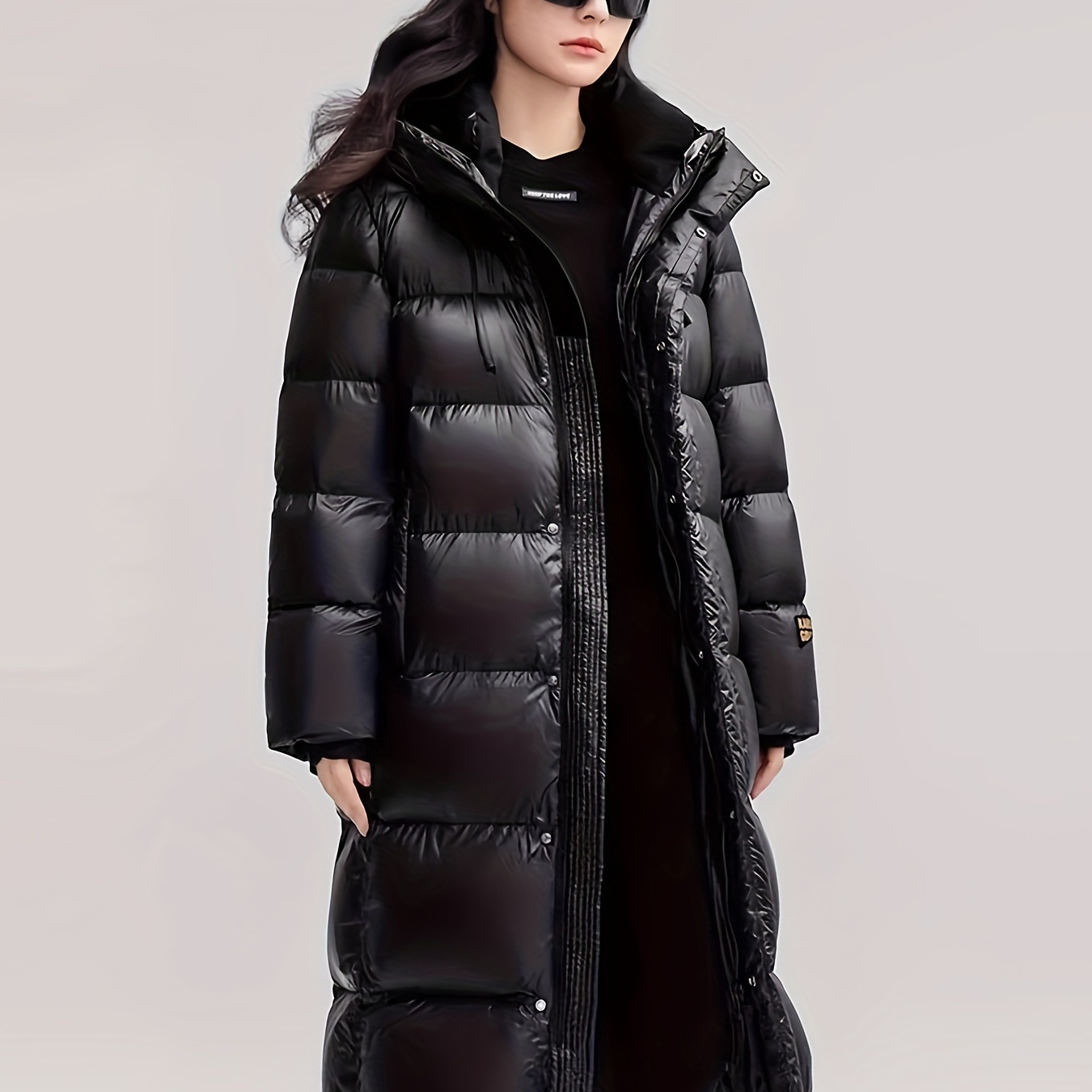 

Zipper Pockets Hoodie Puffer Coat, Casual Longline Long Sleeve Coat For Winter, Women's Clothing