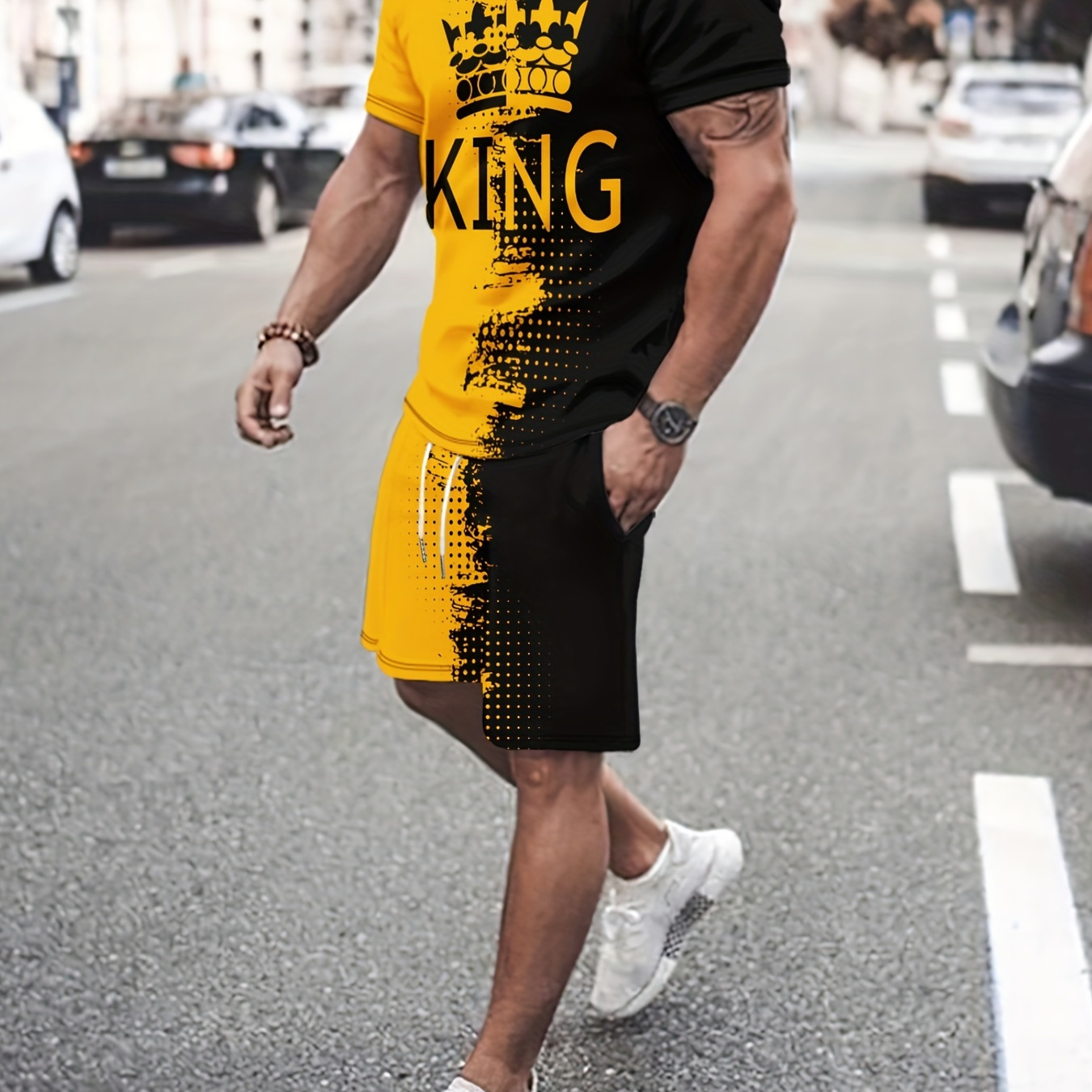 

King Print 2pcs Trendy Outfits For Men, Casual Crew Neck Short Sleeve T-shirt And Drawstring Shorts Set For Summer, Men's Clothing Loungewear Vacation Workout