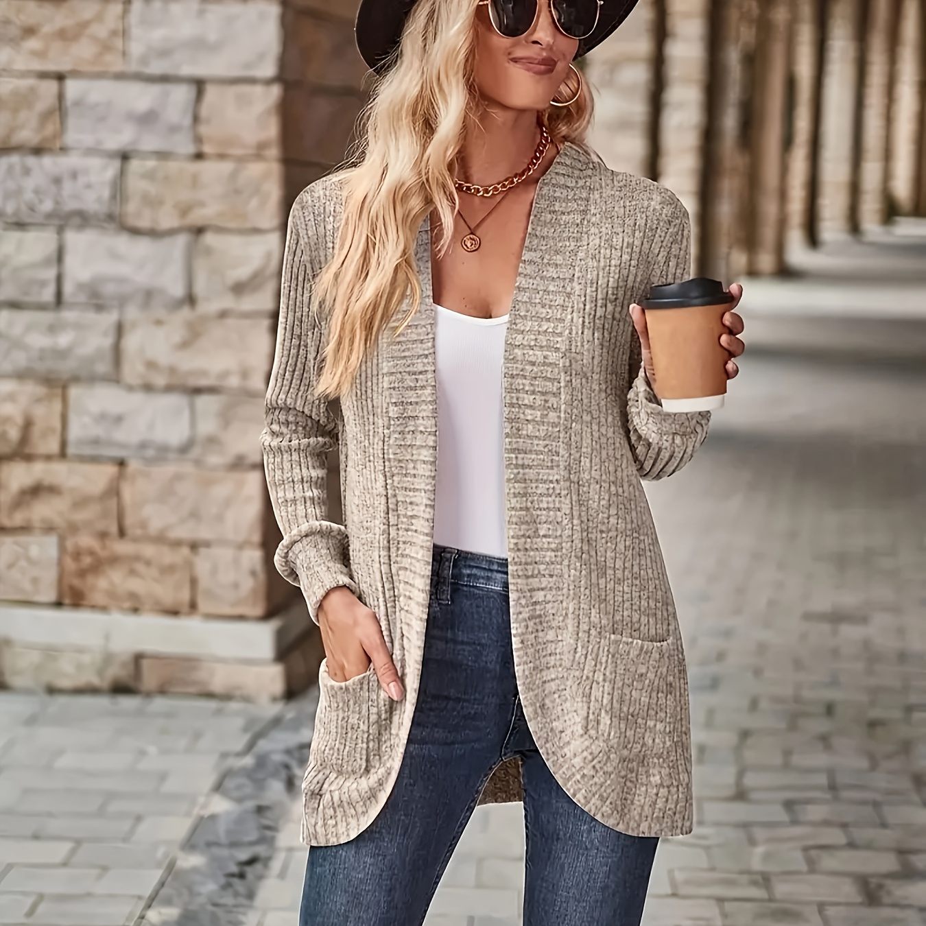 

Cardigan ouvert de couleur unie, cardigan polyvalent à manches longues avec poches pour le printemps et l'automne, vêtements pour femmes