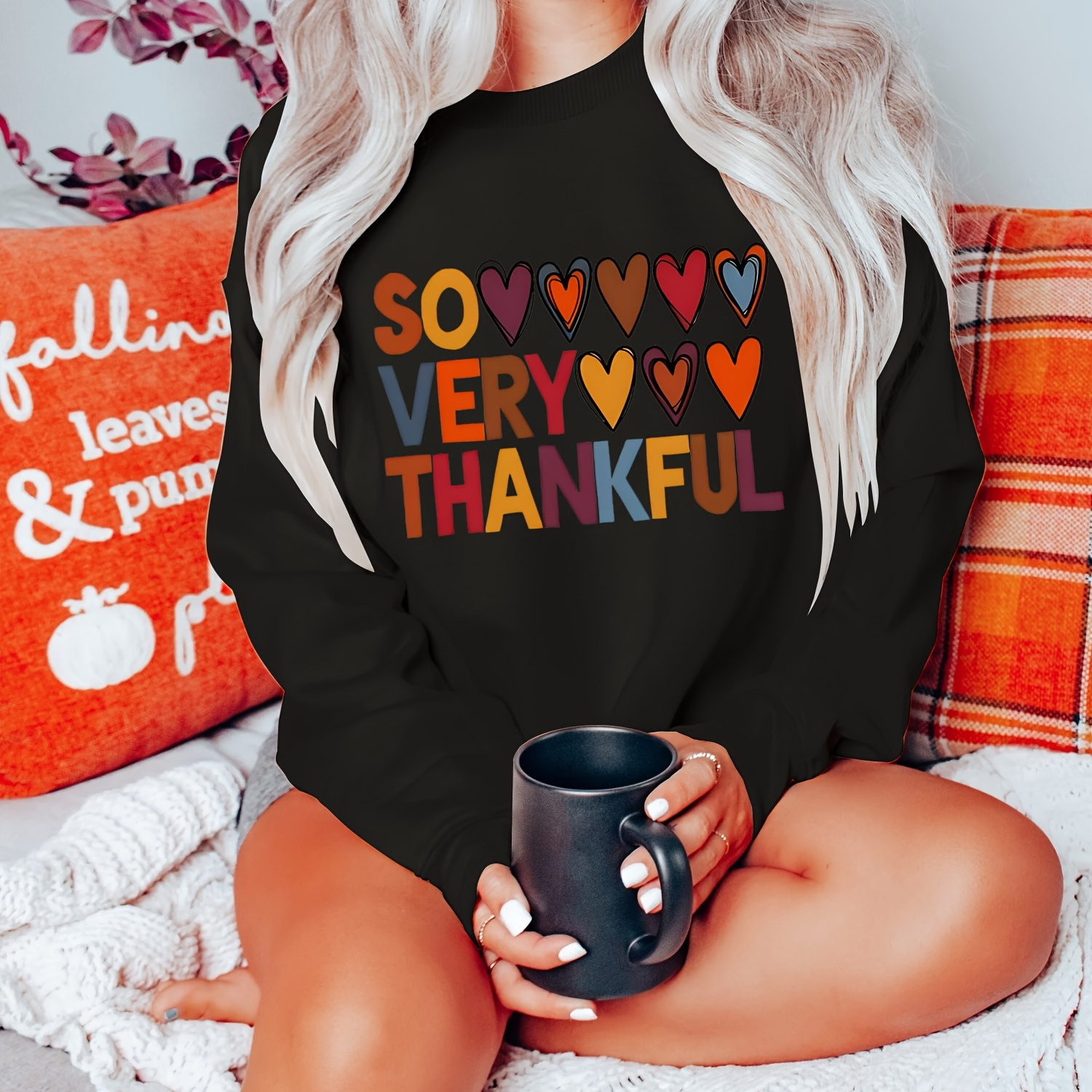 

Thanksgiving Casual Crew Neck Sweatshirts With " " And Hearts Print, 100% Polyester Knit Long Sleeve Pullover For Women - Geometric Pattern Season-neutral Fashion Top