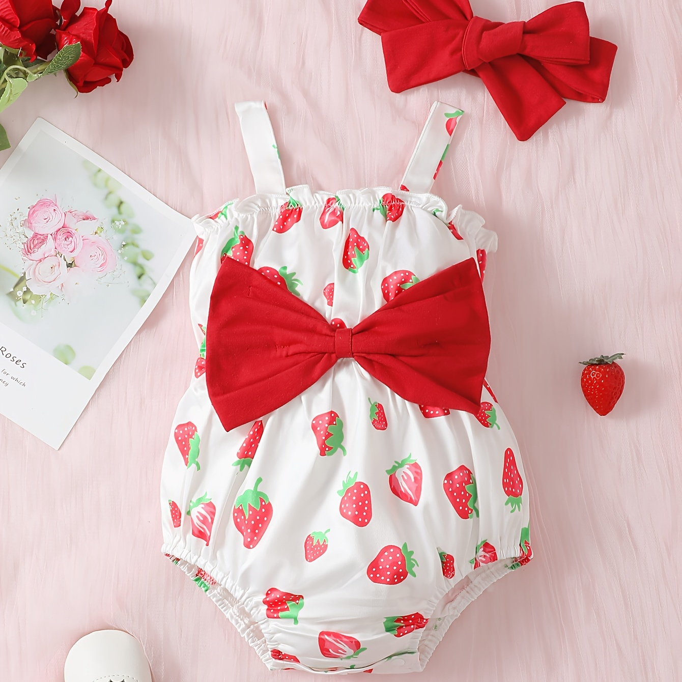 

Infant's Cartoon Strawberry Allover Print Bodysuit, Bowknot Decor Sleeveless Onesie, Baby Girl's Clothing For Summer