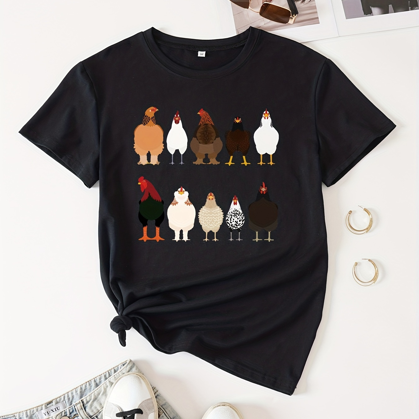 

Chicken Print Crew Neck T-shirt, Casual Short Sleeve T-shirt For Spring & Summer, Women's Clothing