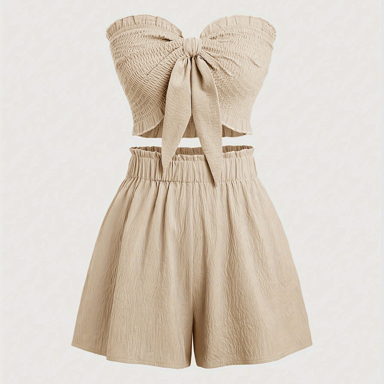 

Textured Backless Shirred Chic Set, Crop Knot Front Strapless Top & Paper Bag Waist Shorts, Women's Clothing