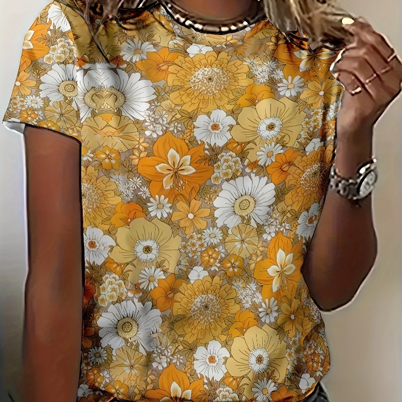 

Women's Floral T-shirt, 3d Print Flower Pattern, Casual Crew Neck, Short Sleeve Top