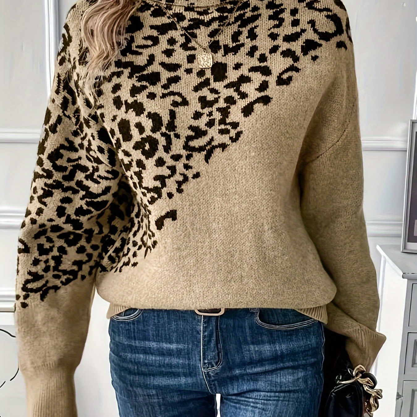 

Women's Oversized Leopard Print High Neck Sweater, Acrylic 100% Knit Fabric, Long Sleeve Pullovers For Fall/winter, With Slight Stretch