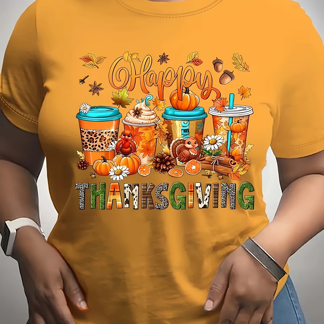 

Happy Thanksgiving Pumpkin & Coffee Short Sleeve Crewneck T-shirt